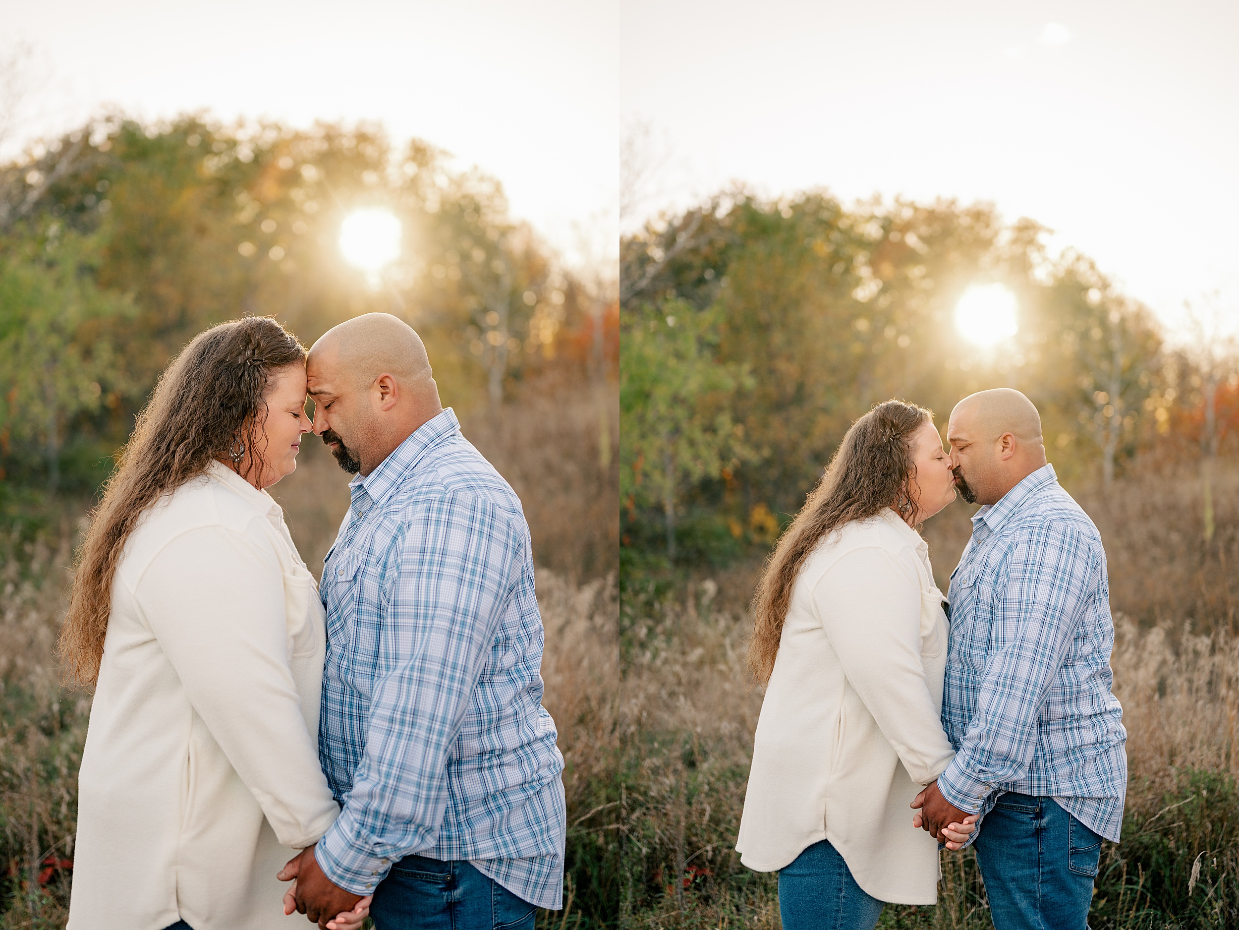 A couple kissing in a field during golden hour in coordinating engagement session outfits