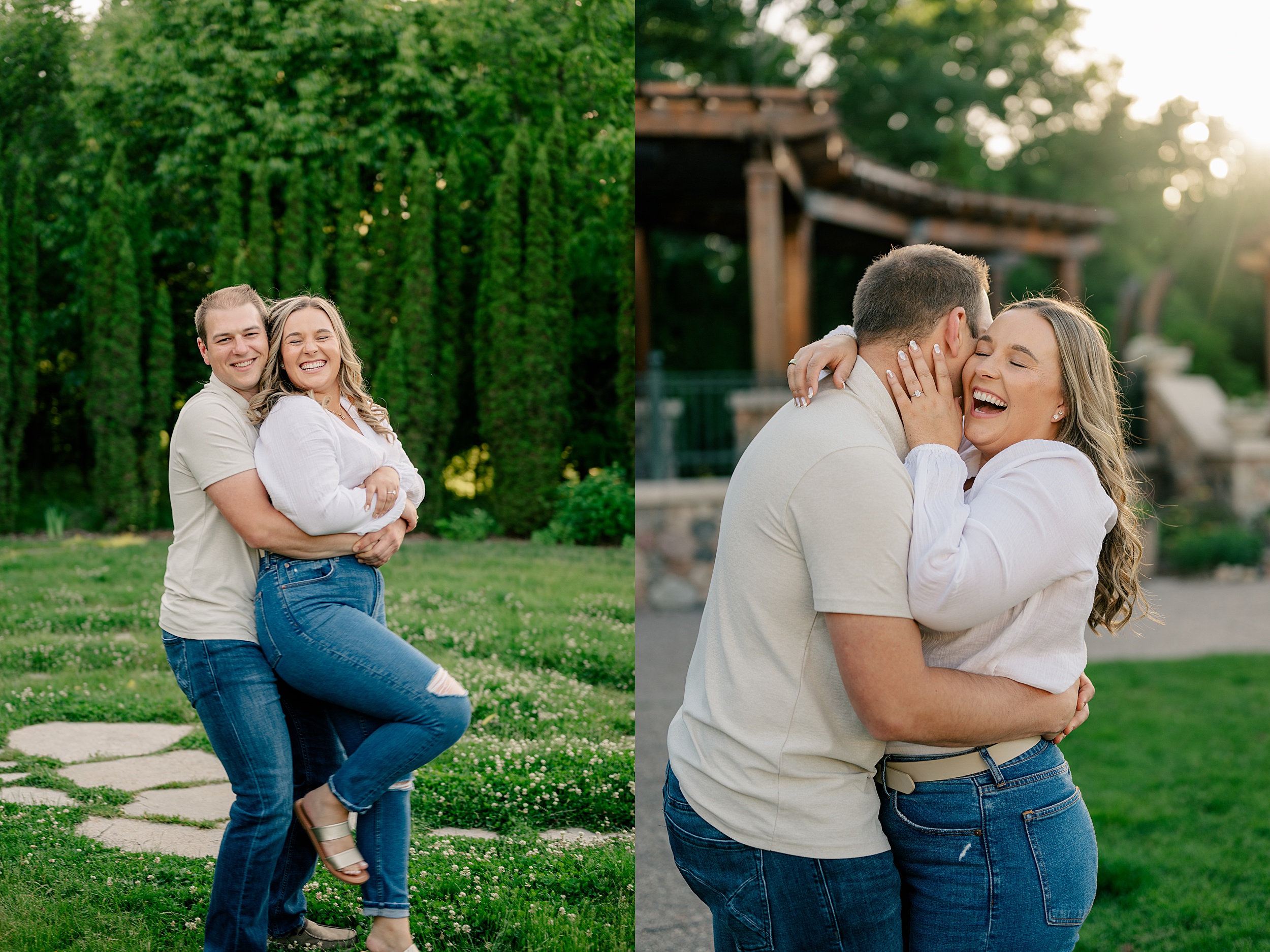 Engaged couple laughs and cuddles during engagement session by Minnesota Wedding Photographer