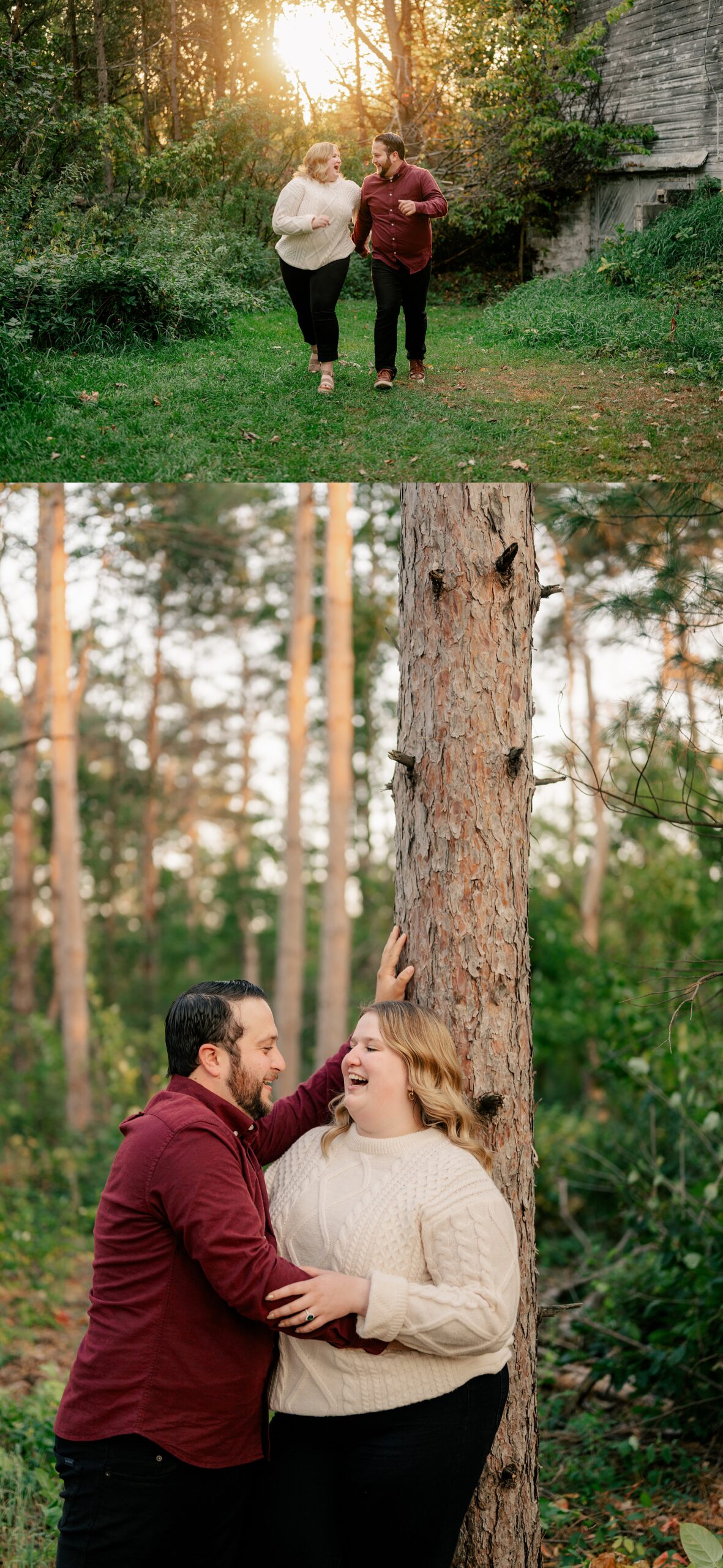 Couple in fall outfits laugh against tree by Rule Creative Co.