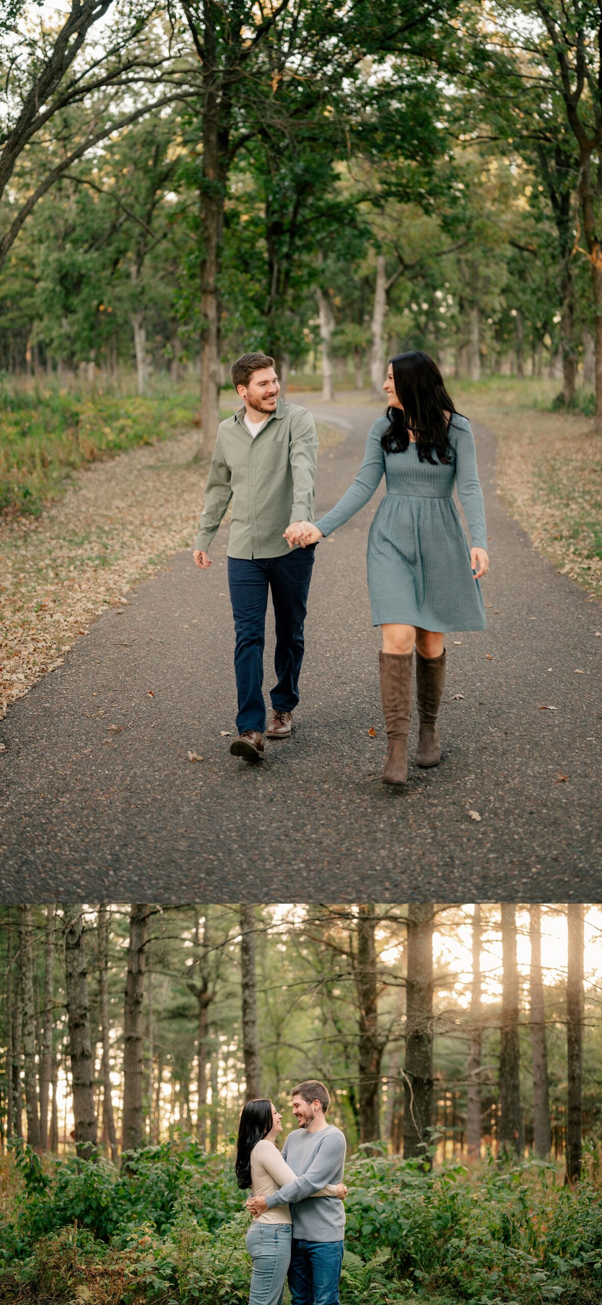 Couple walks in a park in coordinating engagement session outfits