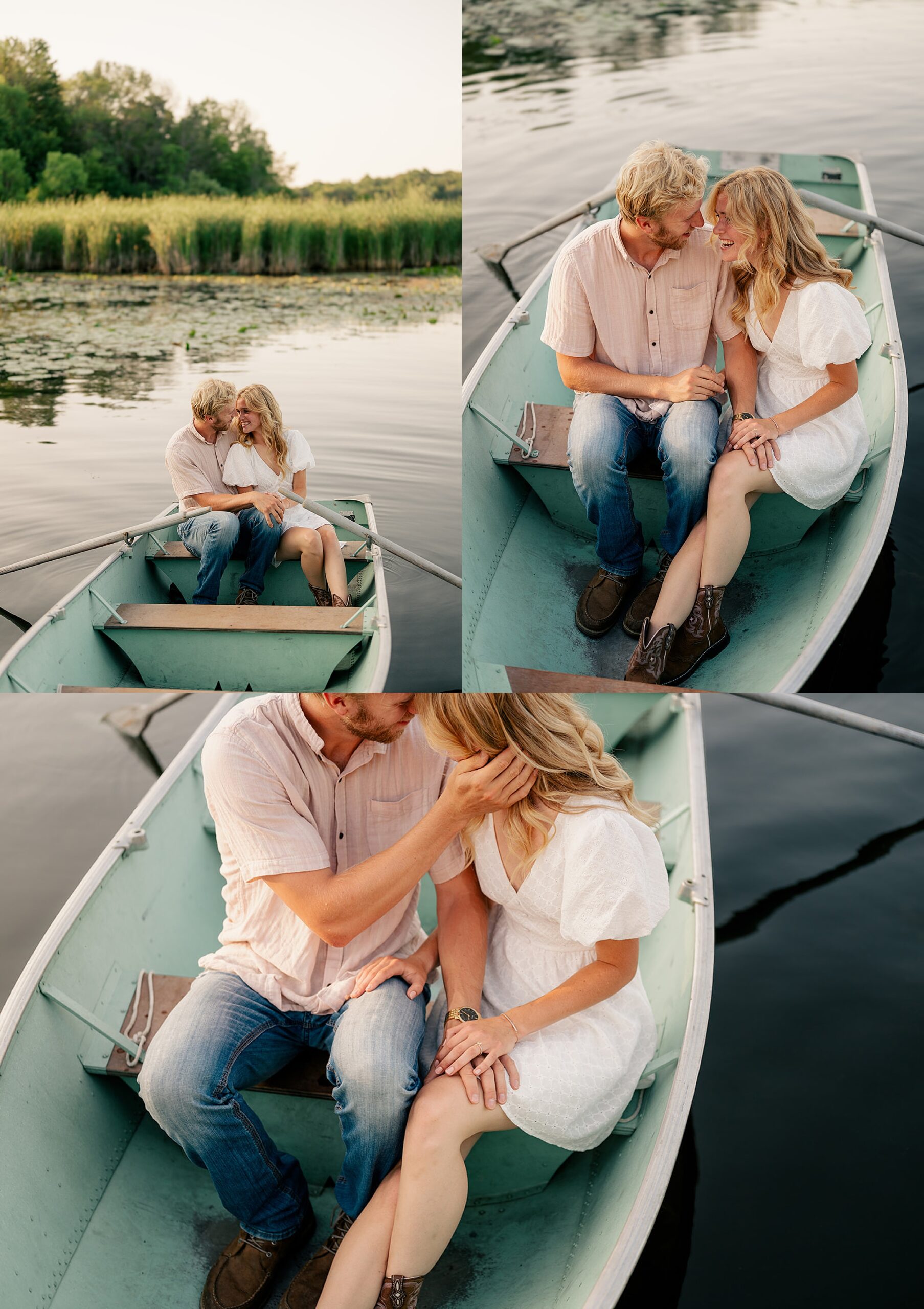 A couple cuddles in a boat on the water showing engagement session prop ideas