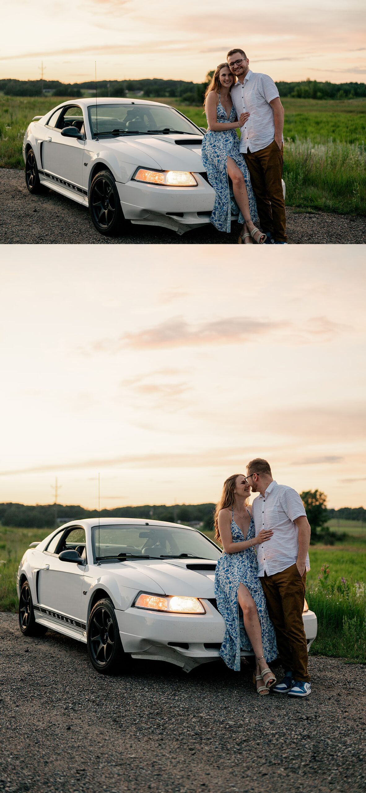 Couple leans against car near open field with Minnesota Wedding Photographer