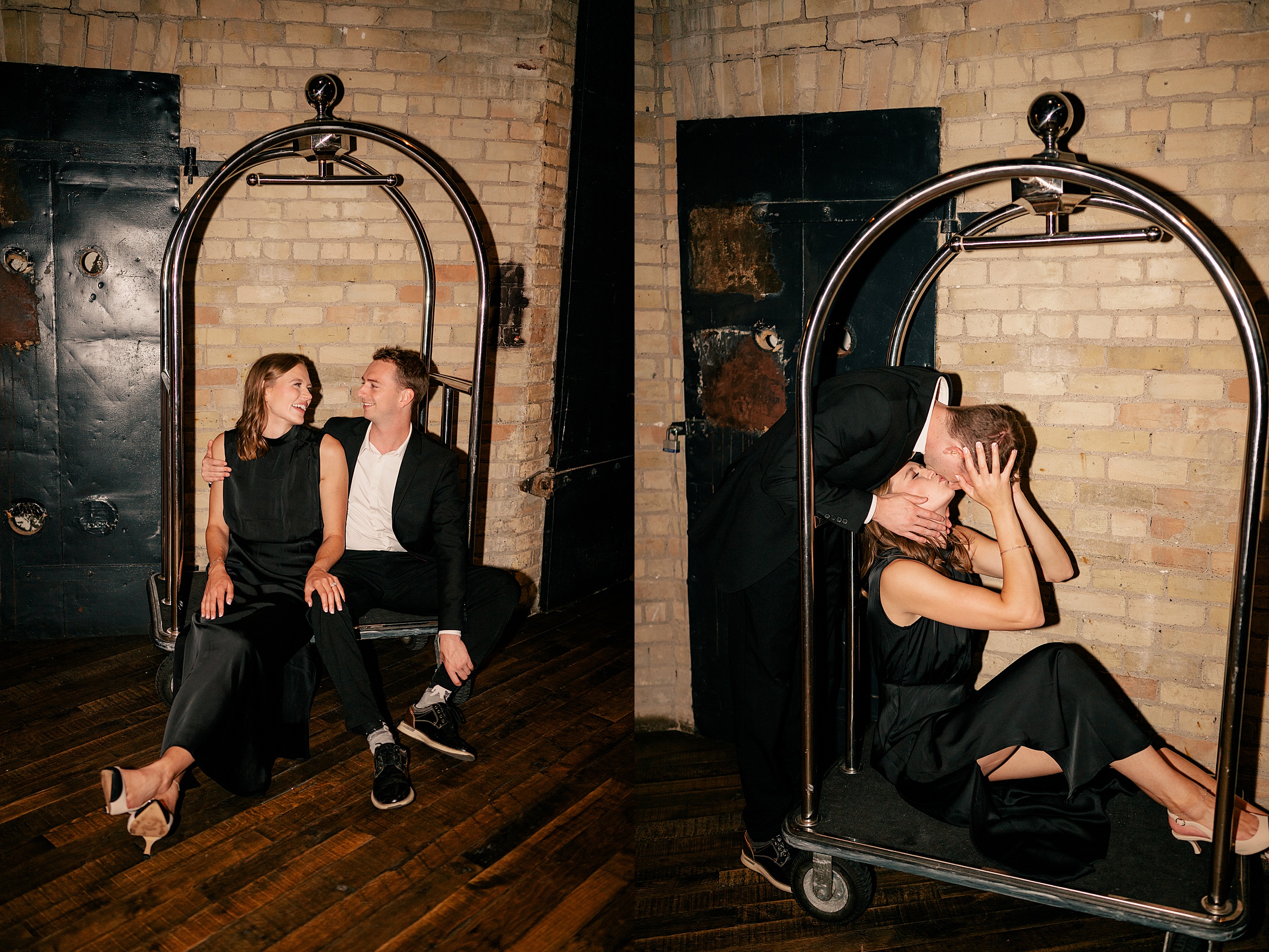 Couple kisses on luggage cart by Rule Creative Co