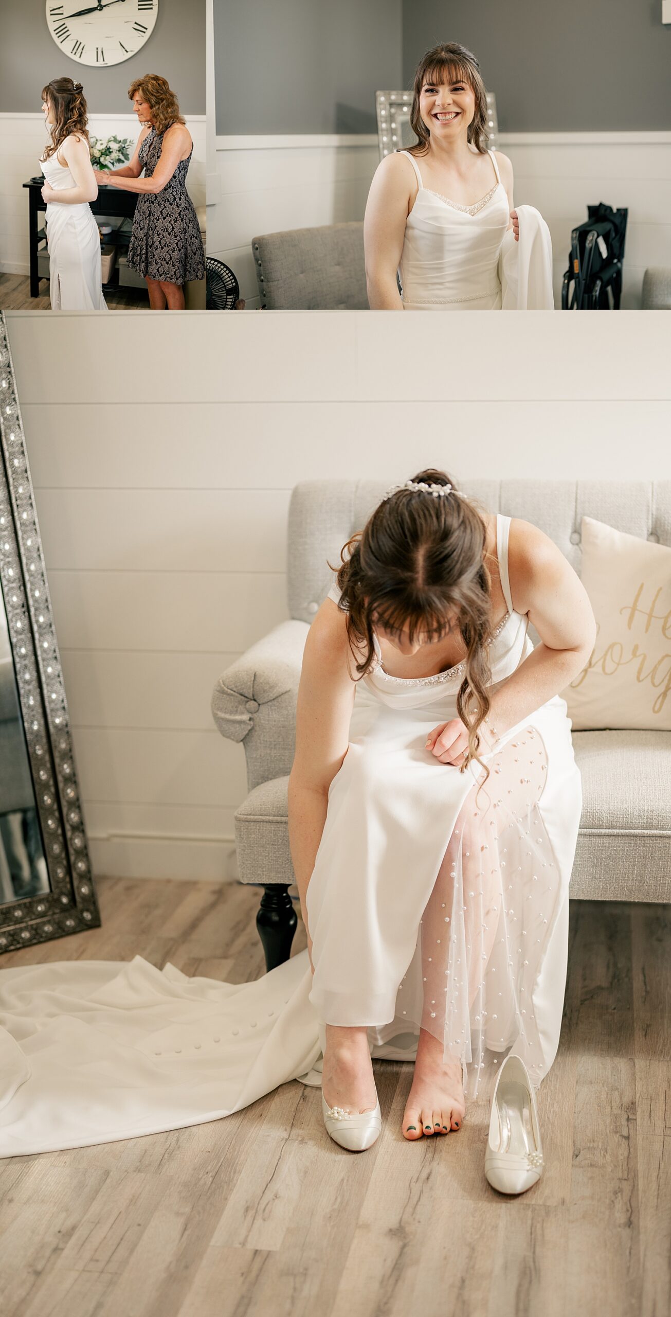 brunette in white gown puts on shoes by Rule Creative Co
