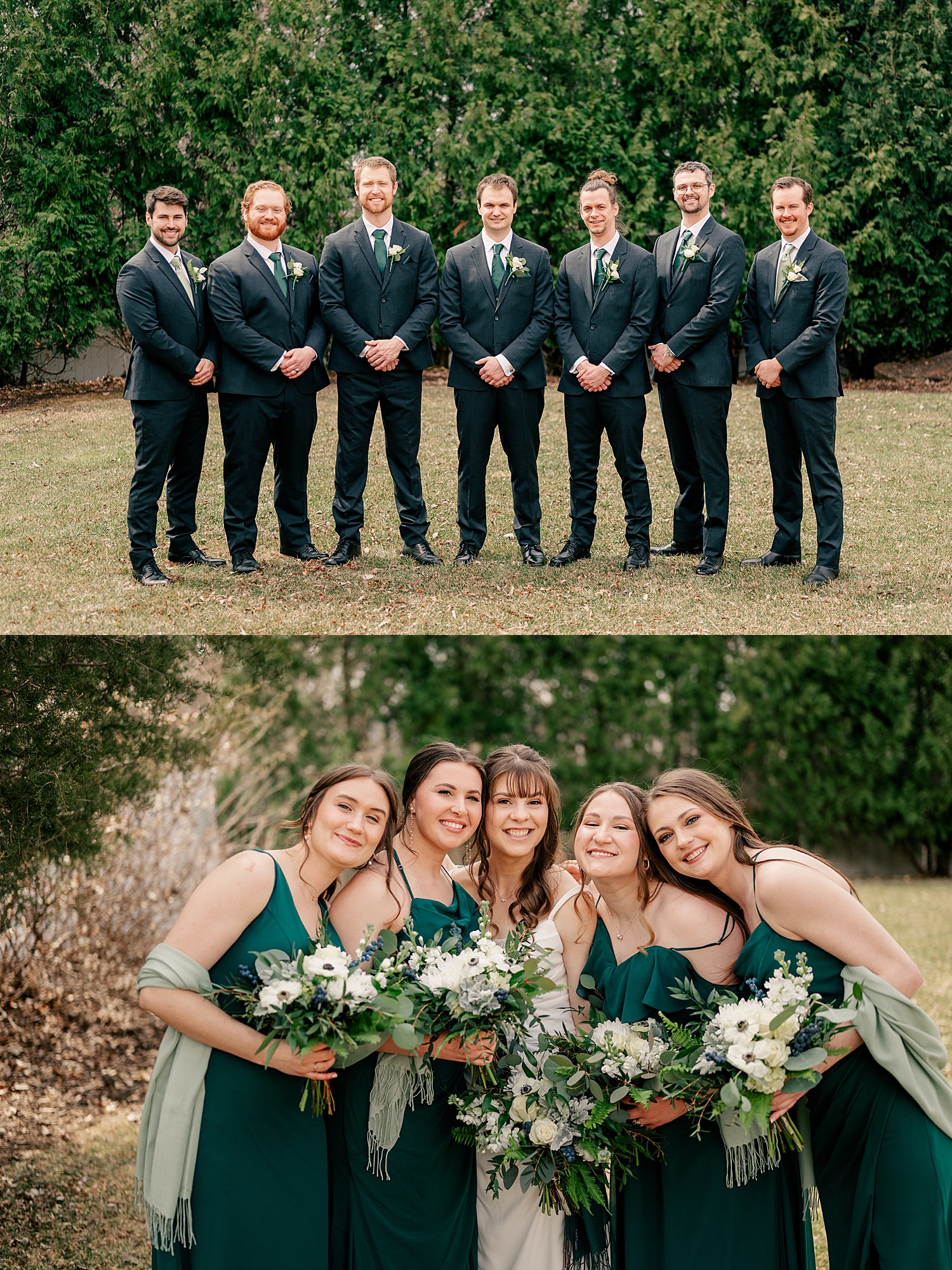 bridesmaids in green snuggle bride by Minnesota wedding photographer