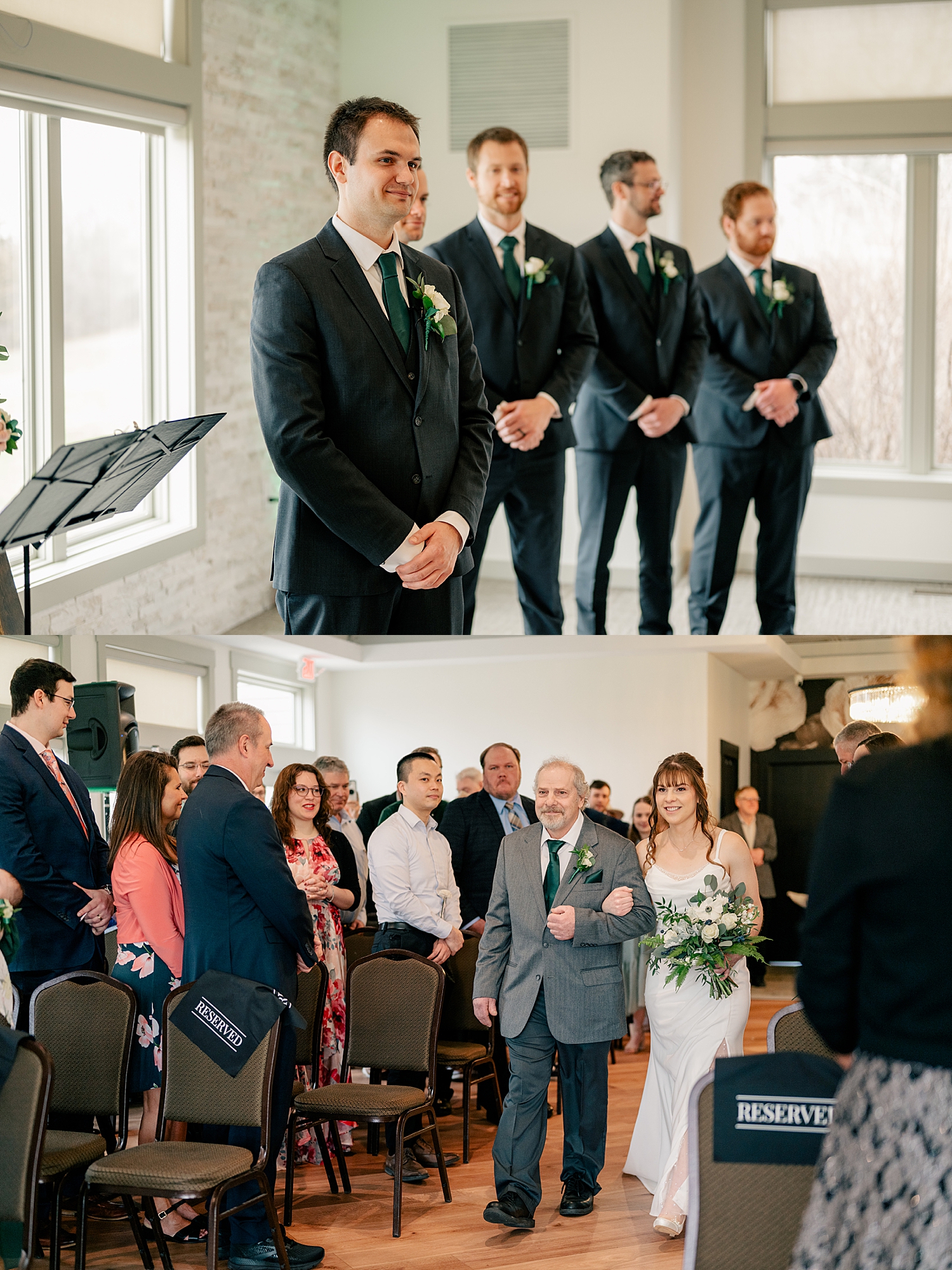 groom watches his wife to be walk down aisle by Minnesota wedding photographer