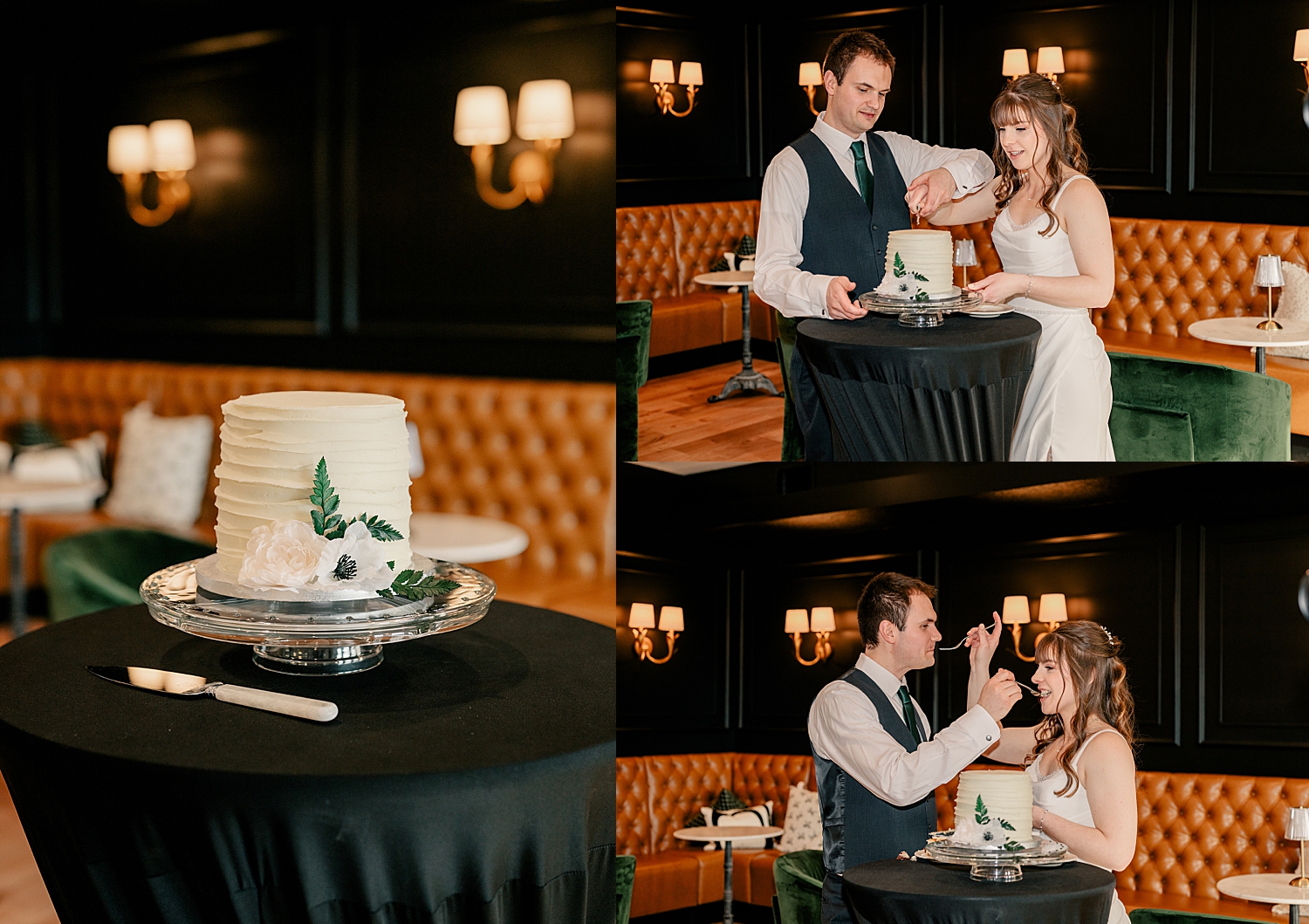 newlyweds feed each other white cake at Kilkarney Hills Golf Course