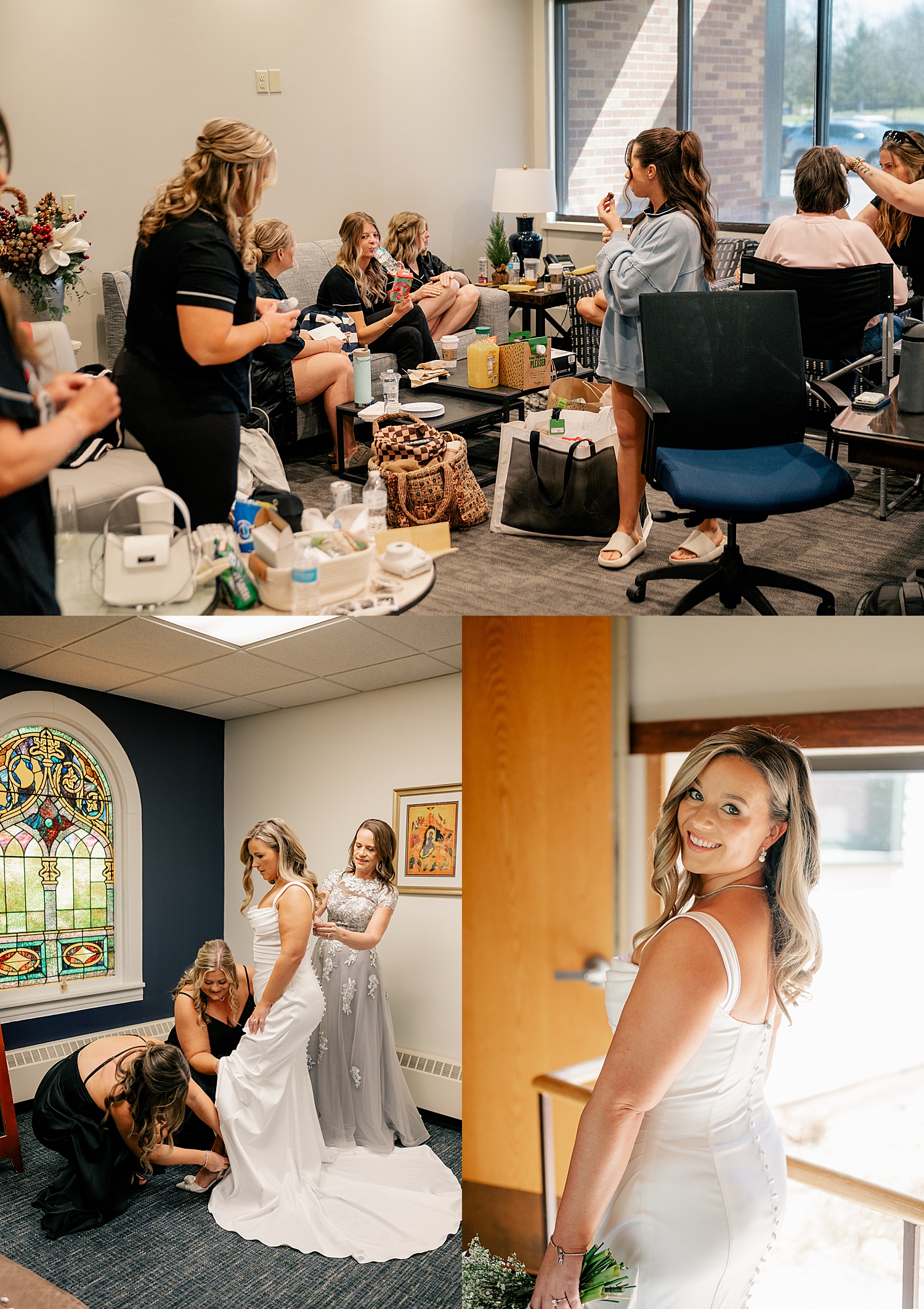 woman gets into her white gown by stained glass by Minnesota wedding photographer