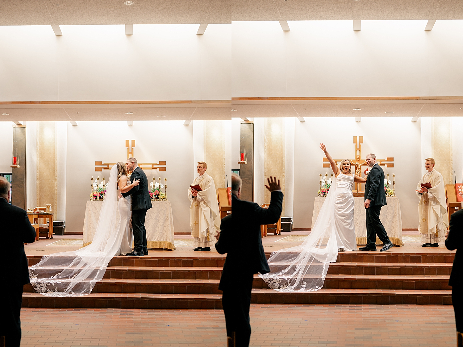 couple kisses and celebrates I Do at alter by Minnesota wedding photographer