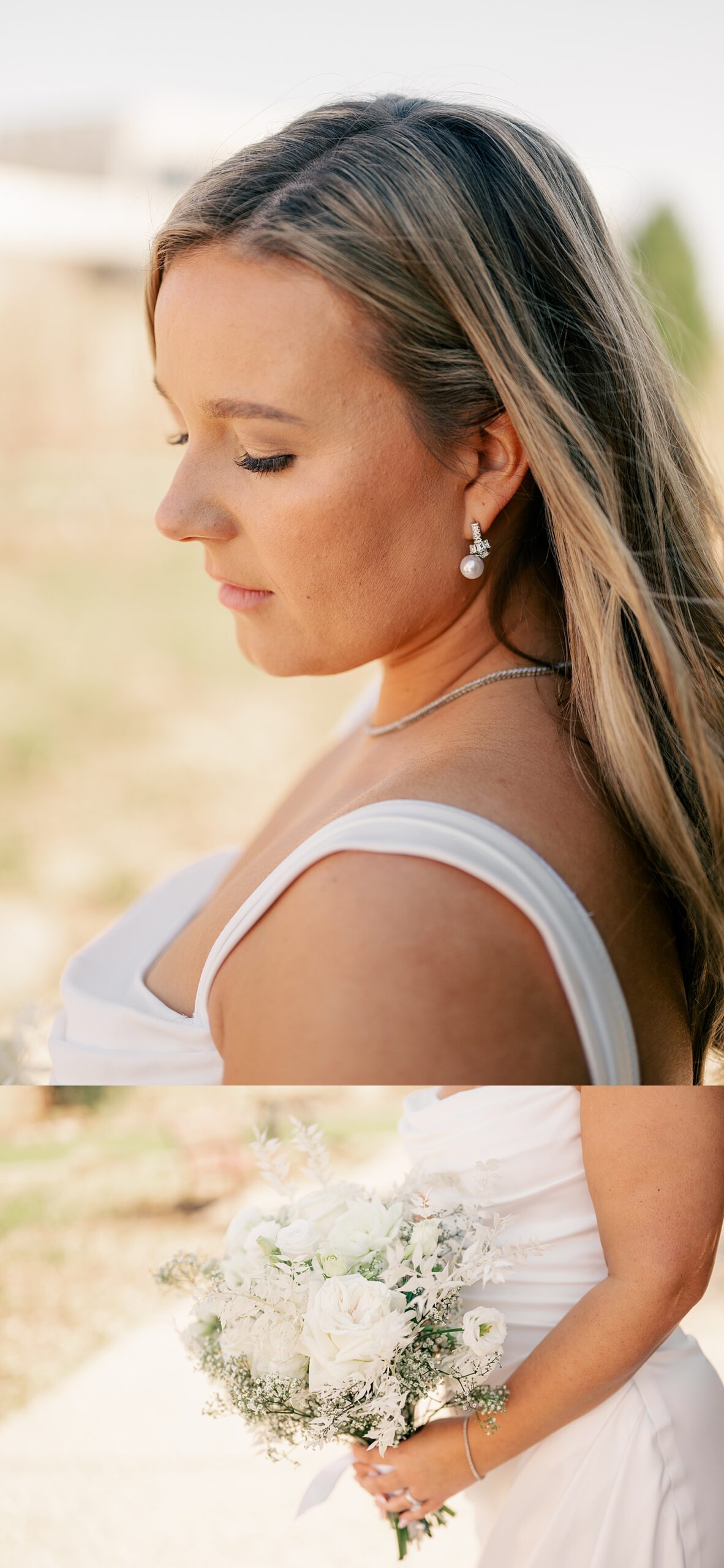blonde bride displays diamond and pearl earrings by Rule Creative Co