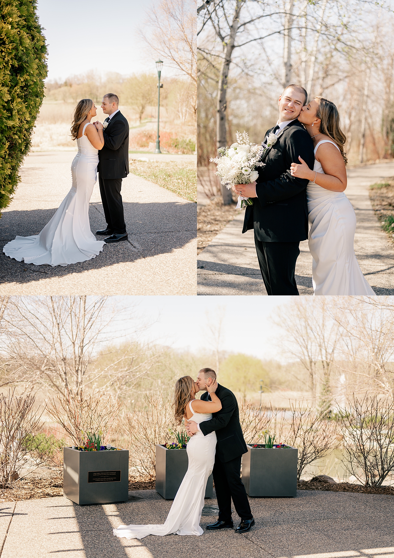 newlyweds steal a kiss outside at Holy Name of Jesus Catholic Community