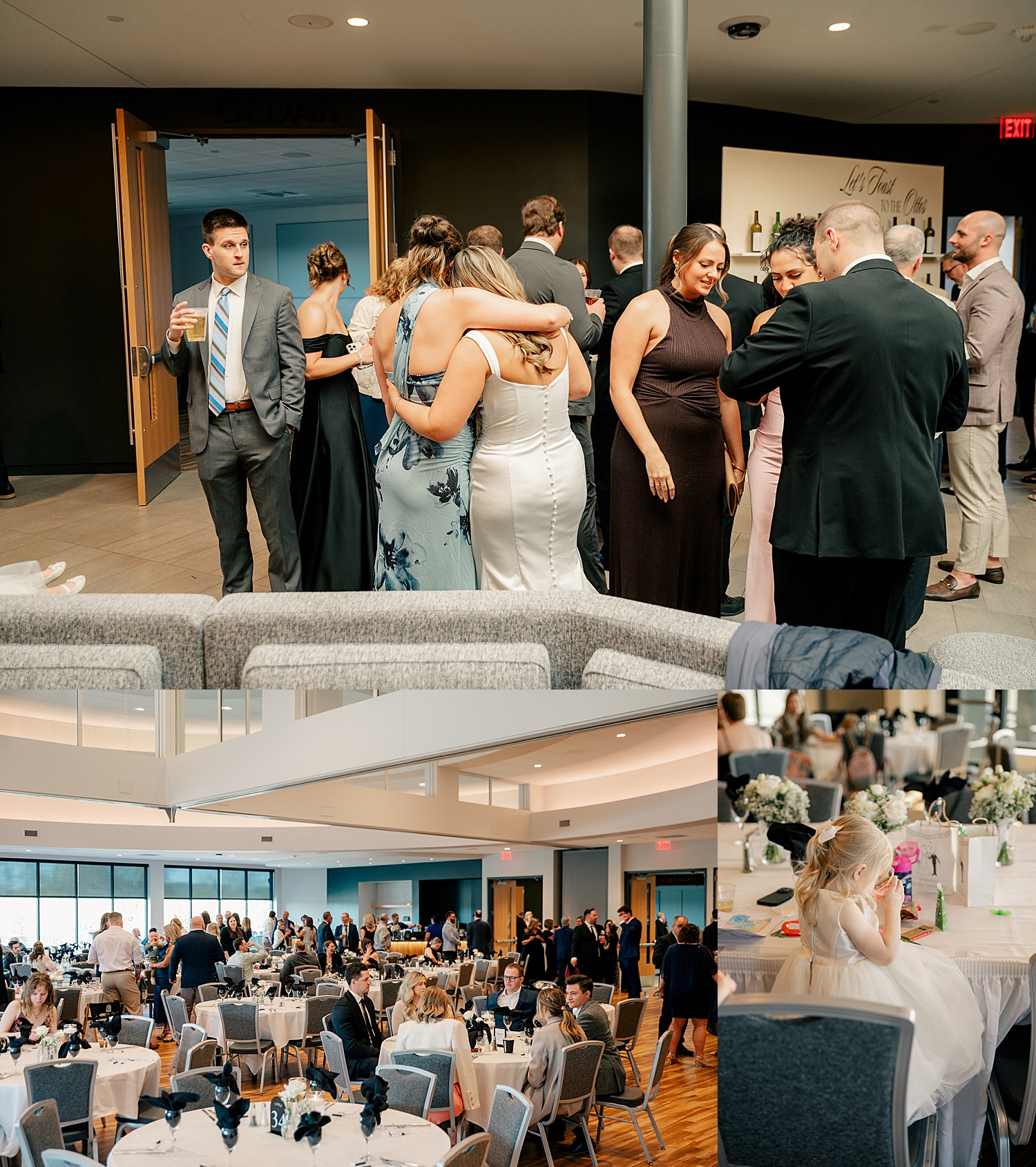 bride hugs her friends at reception at Holy Name of Jesus Catholic Community