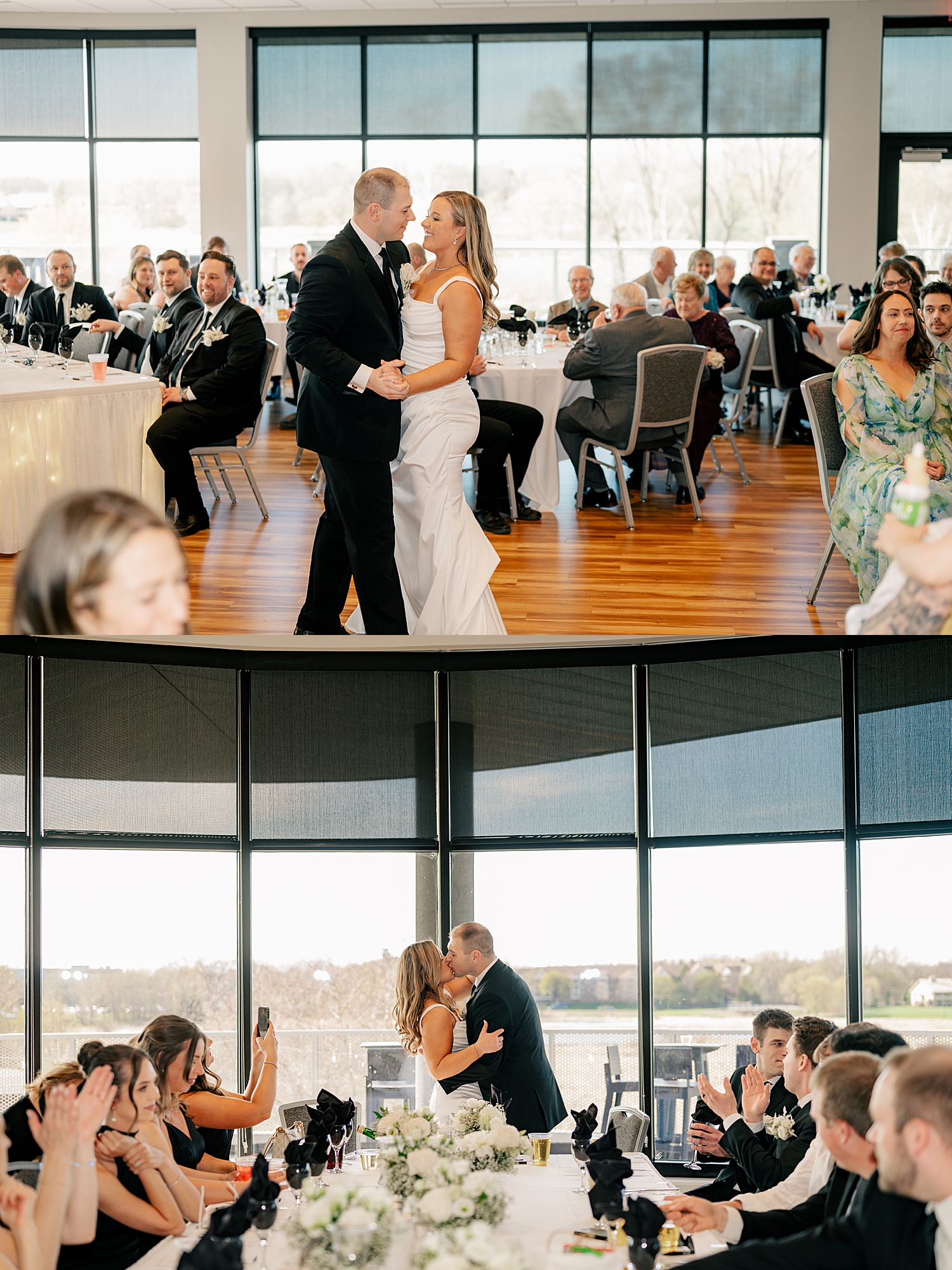 newlyweds share a kiss at dinner by Rule Creative Co