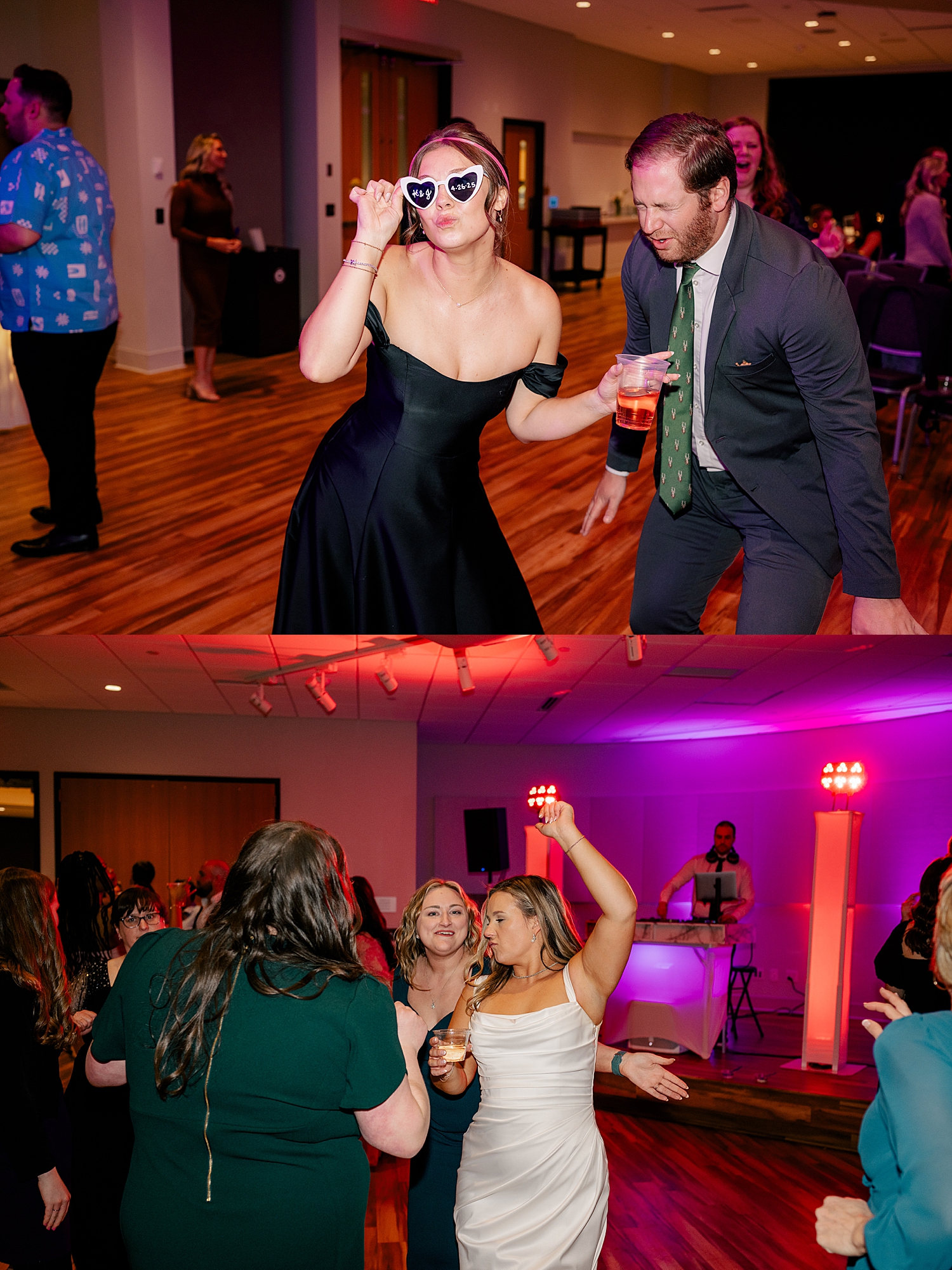 guests dance under colorful lights by Minnesota wedding photographer