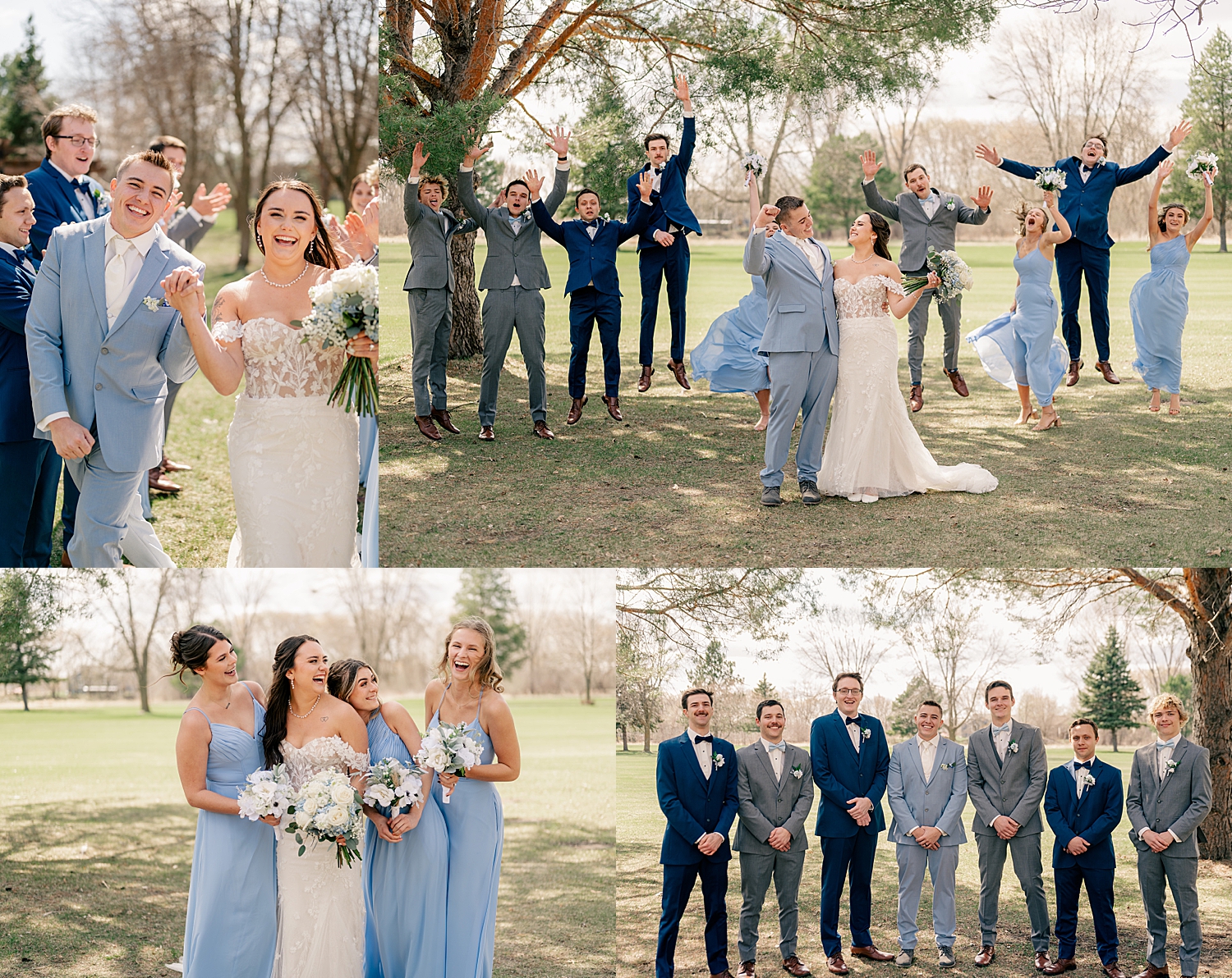 bridal party jumps for joy by Minnesota wedding photographer