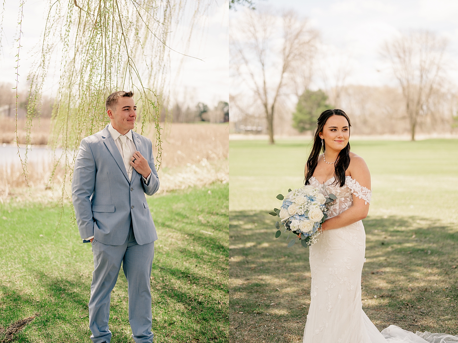 groom and bride stand on lawn by Minnesota wedding photographer