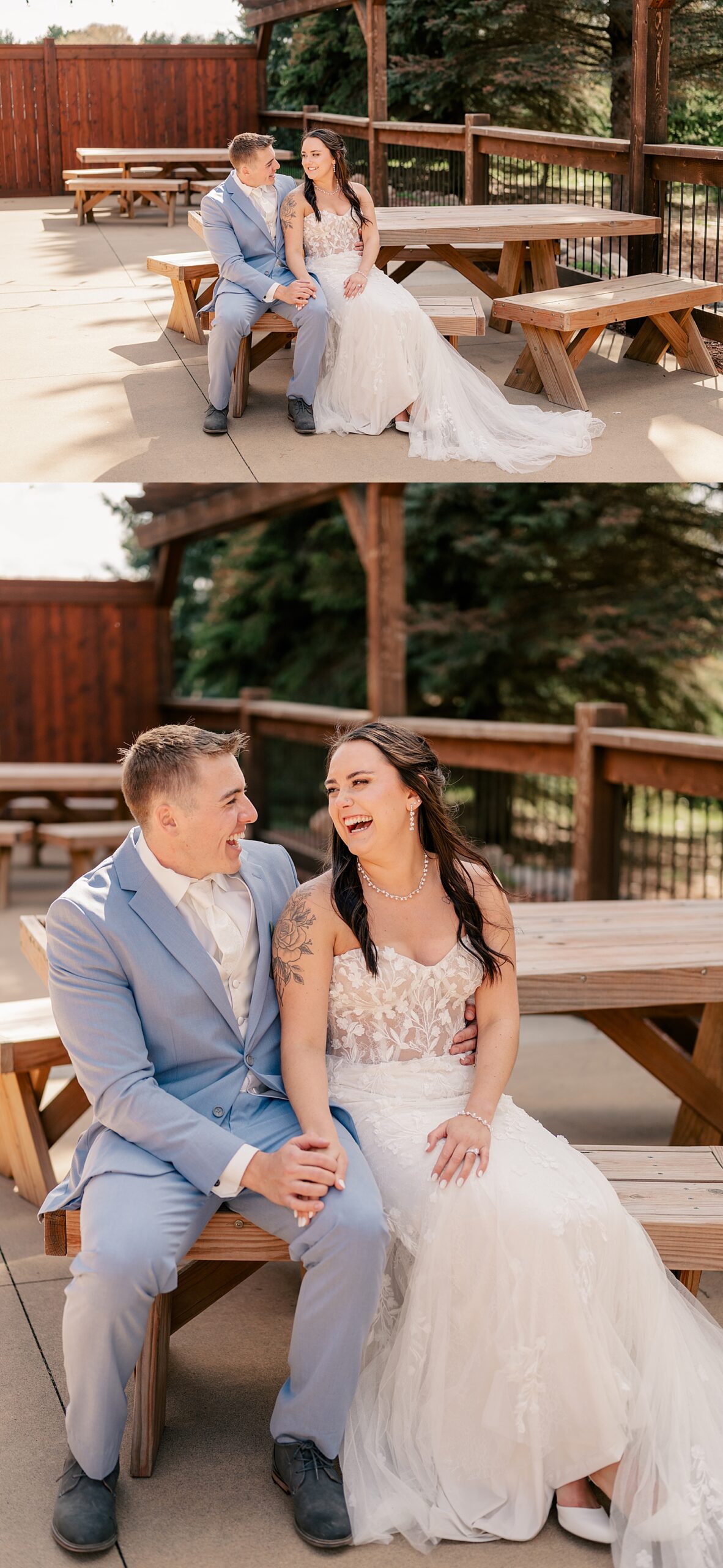 newlyweds sit on bench at The Grands at Mulligan
