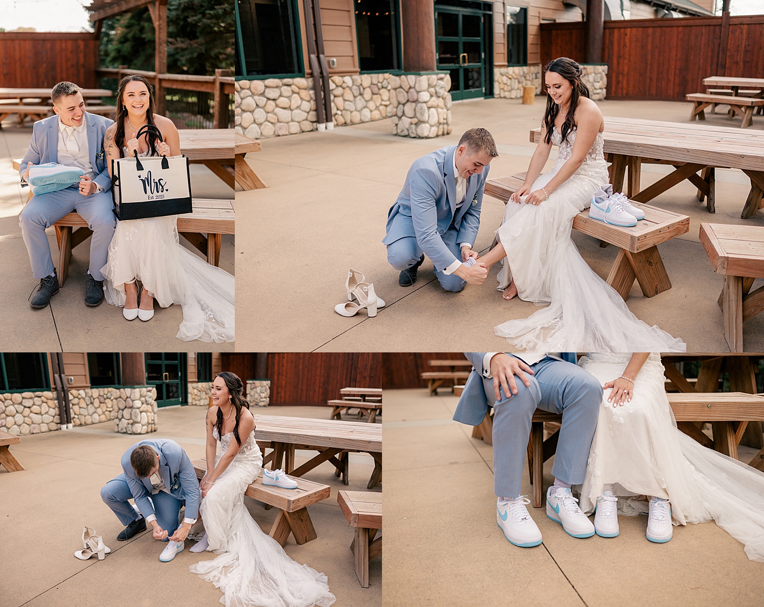 man puts on shoes for his new wife by Minnesota wedding photographer