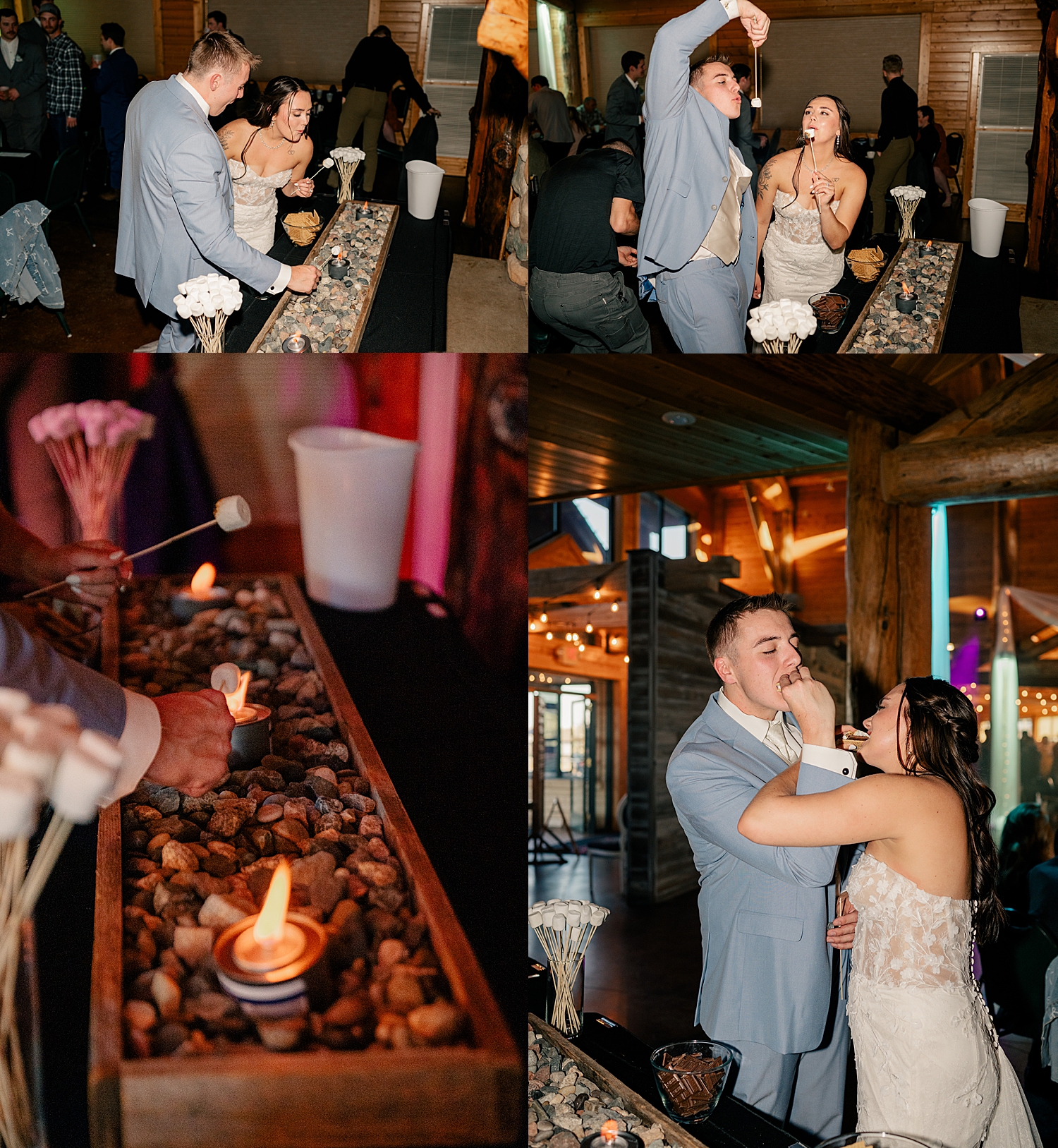 couple shares a smore at marshmellow bar by Minnesota wedding photographer
