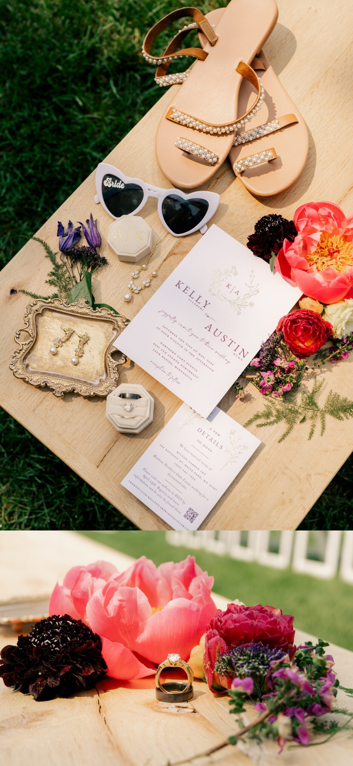 Colorful flat lay details for vibrant summer wedding