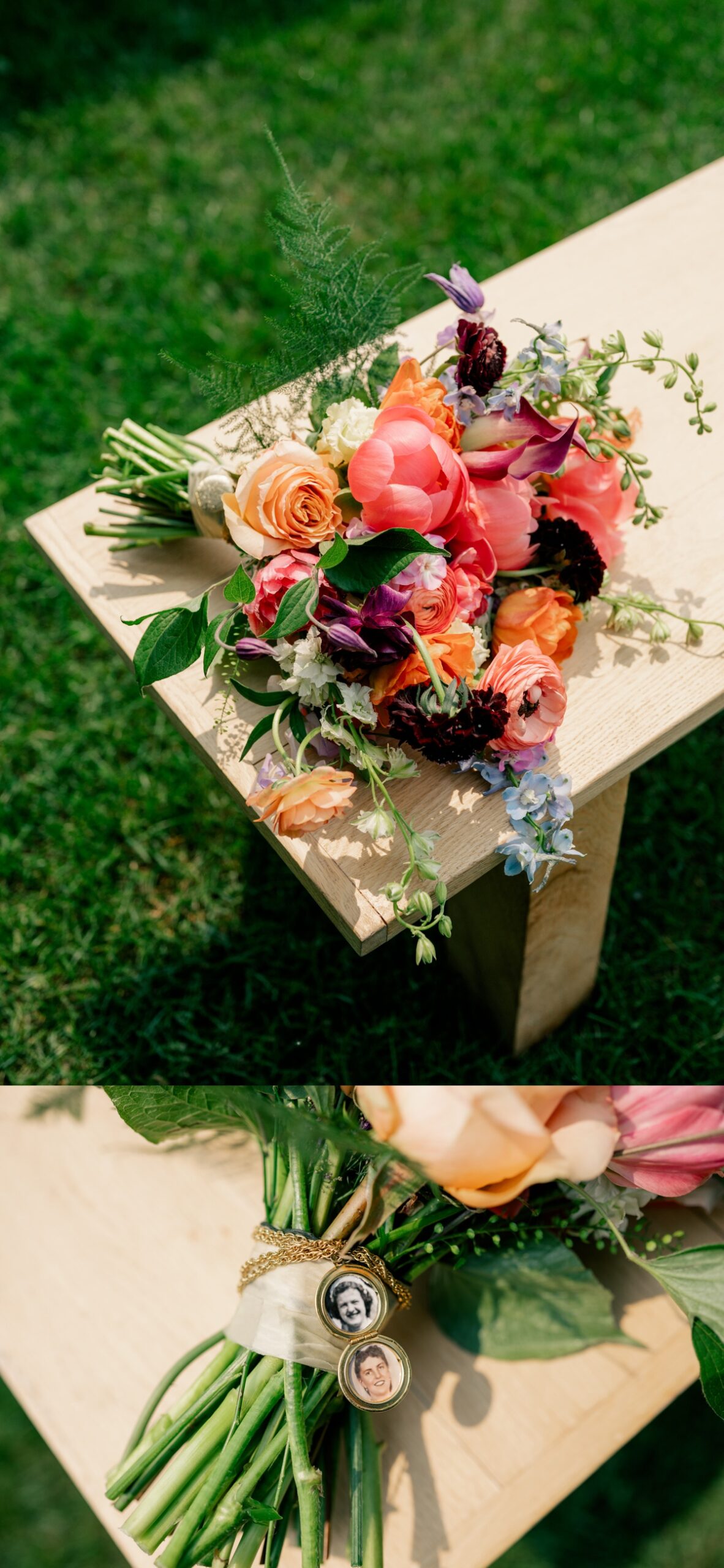 Minnesota Wedding Photographer captures colorful bouquet with photo locket