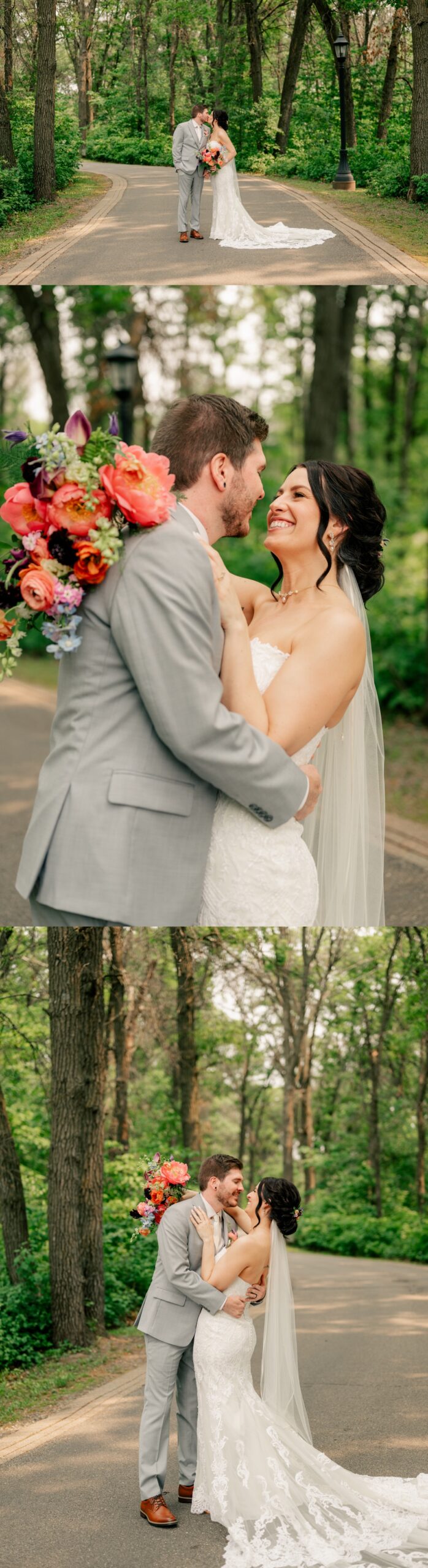 Bride and groom kissing on shaded pathway by Rule Creative Co