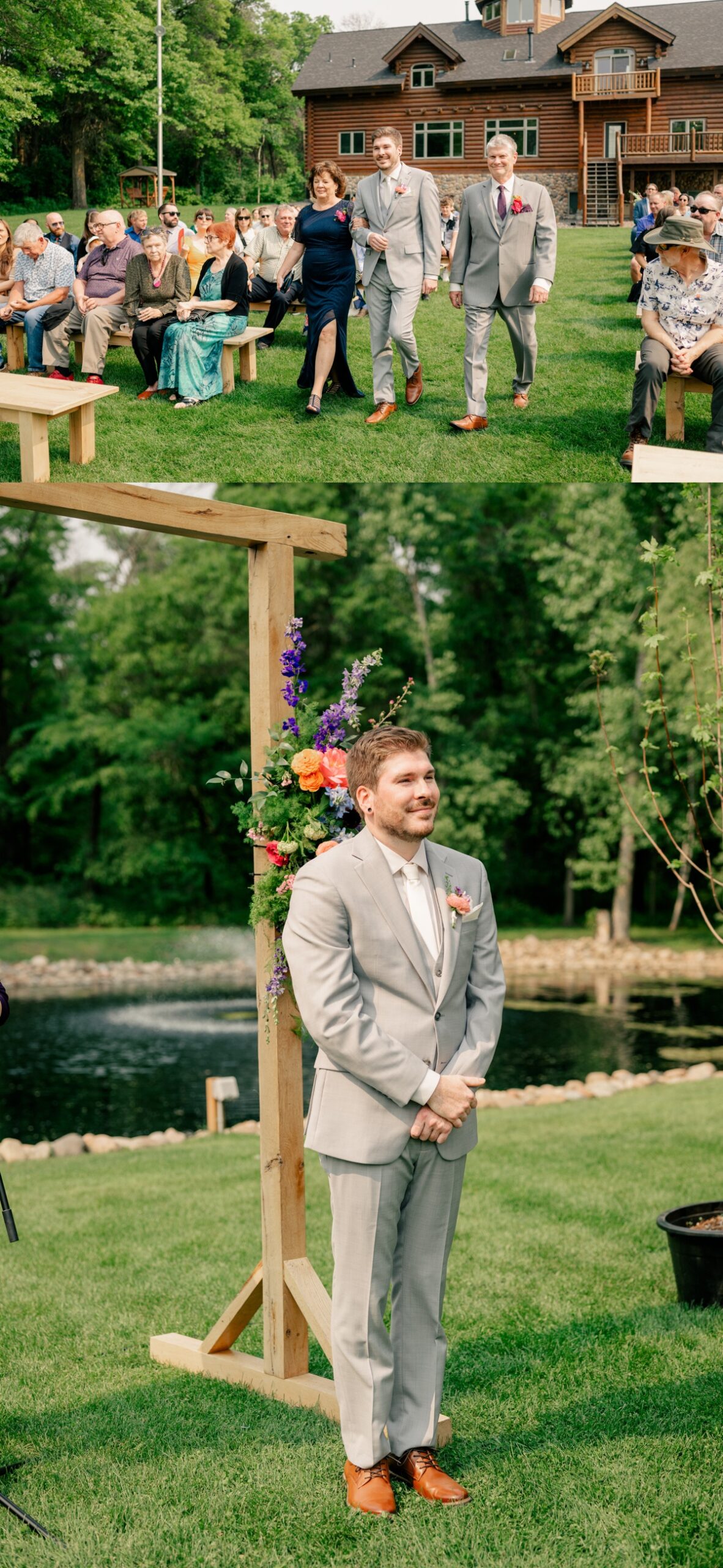 Groom, walking down the aisle with parents for vibrant summer wedding