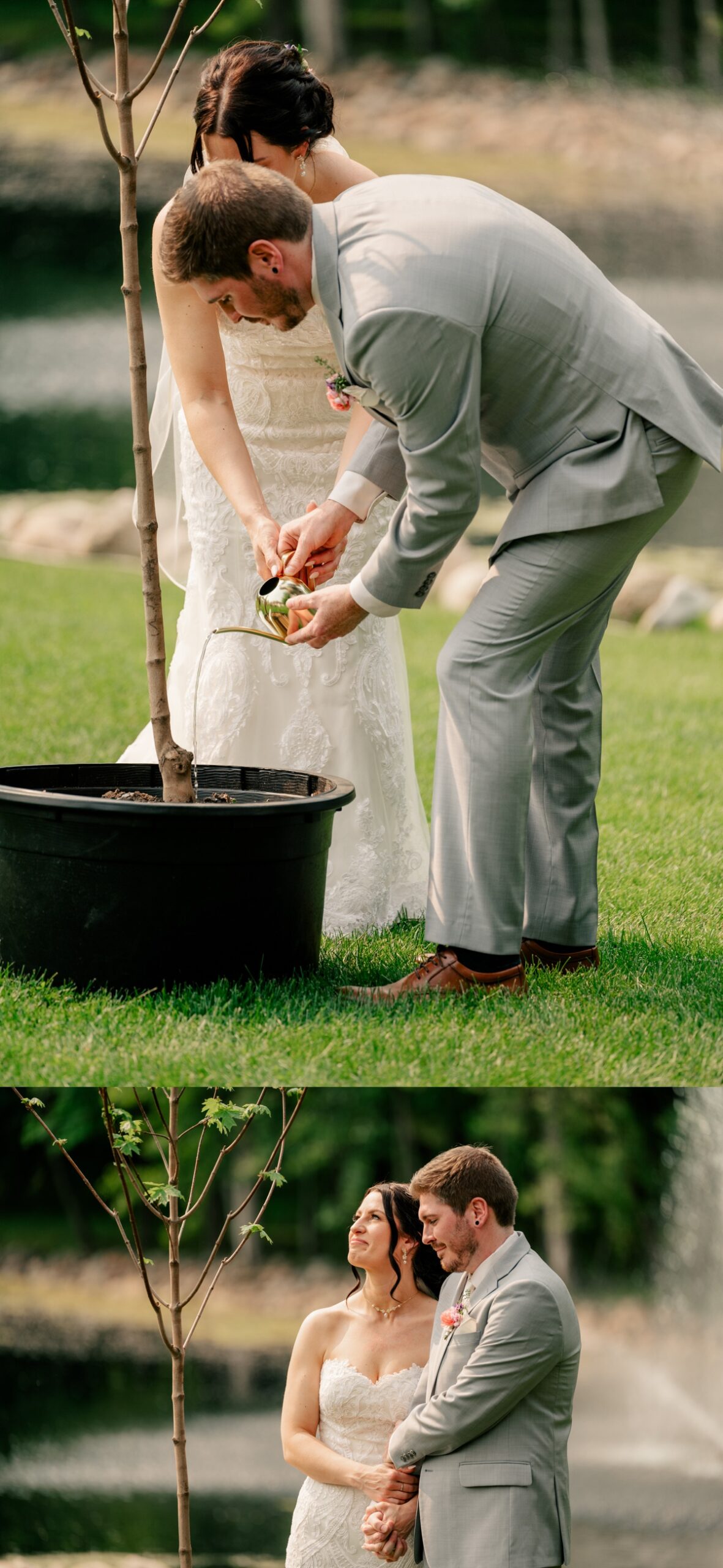 Bride and groom planting ceremony tree together for vibrant summer wedding
