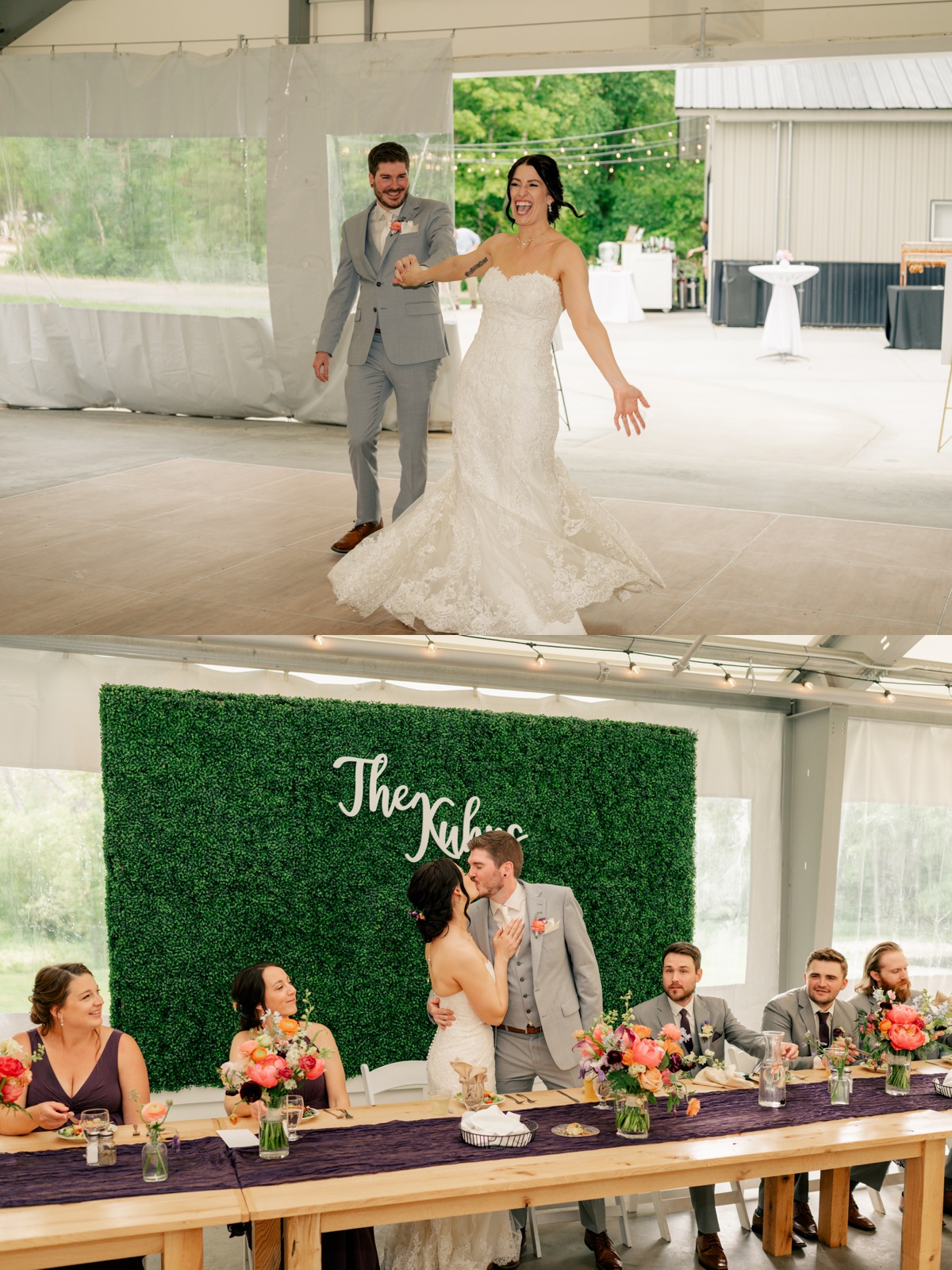 Newlyweds entering reception for vibrant summer wedding