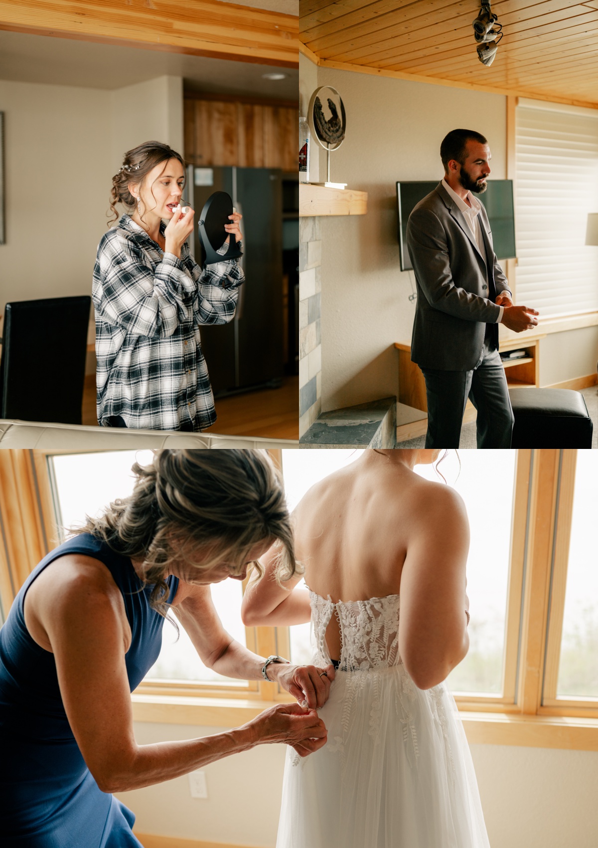 Minnesota Elopement Photographer captures bride getting in wedding dress