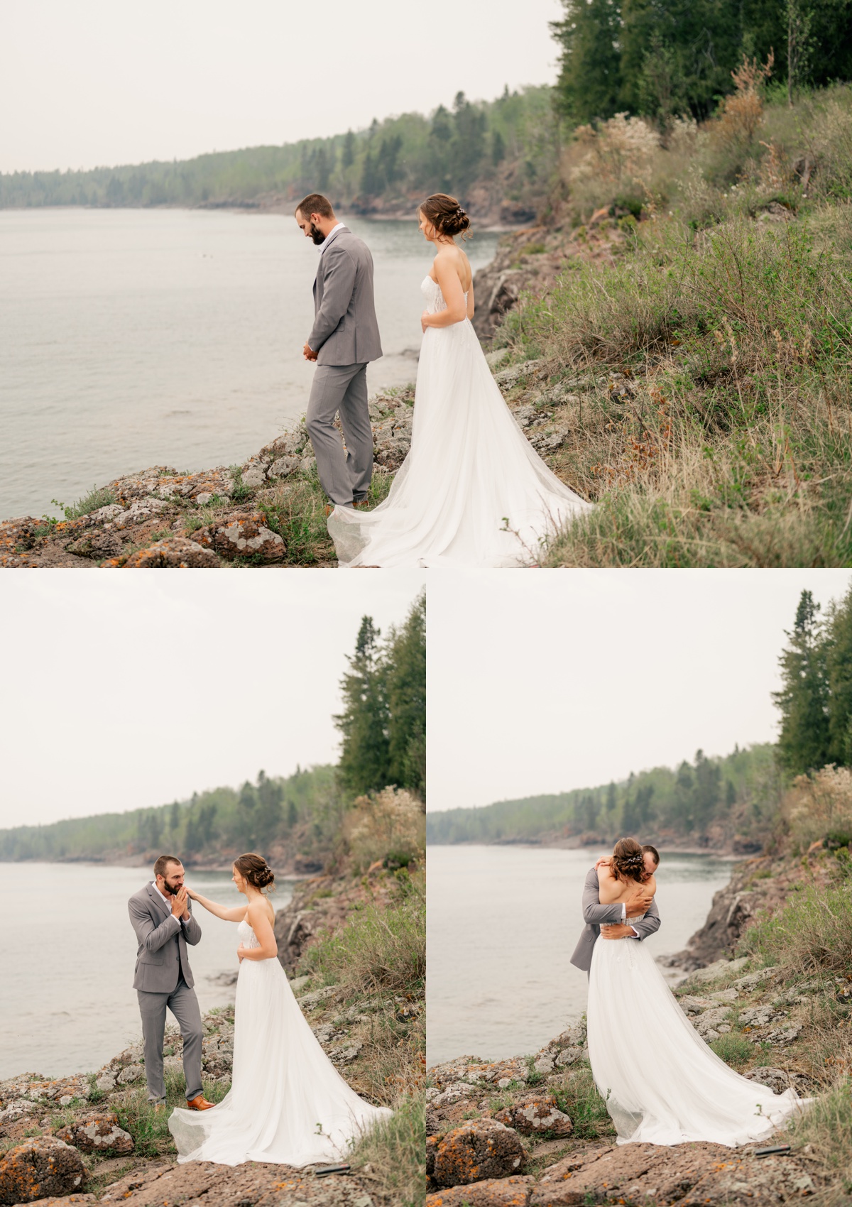 Bride and groom embrace during a North Shore Elopement