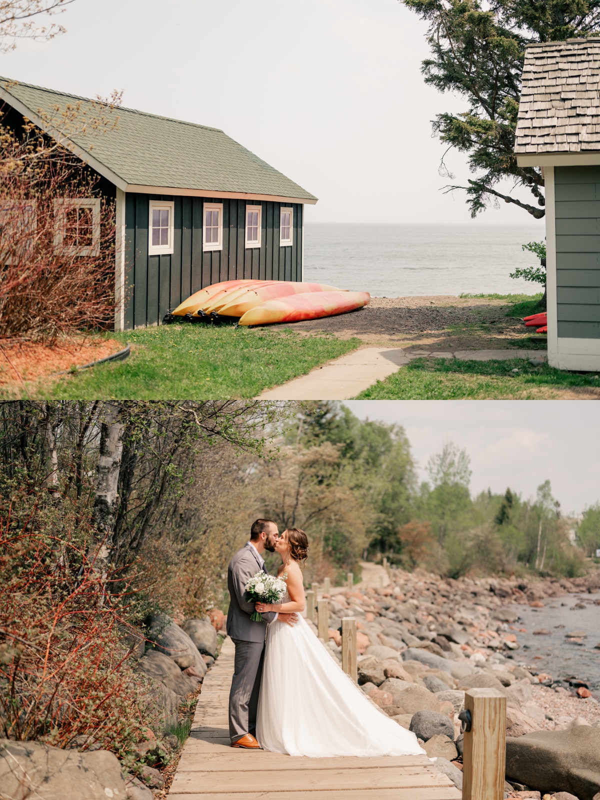 Newlyweds kiss on pier during a North Shore Elopement