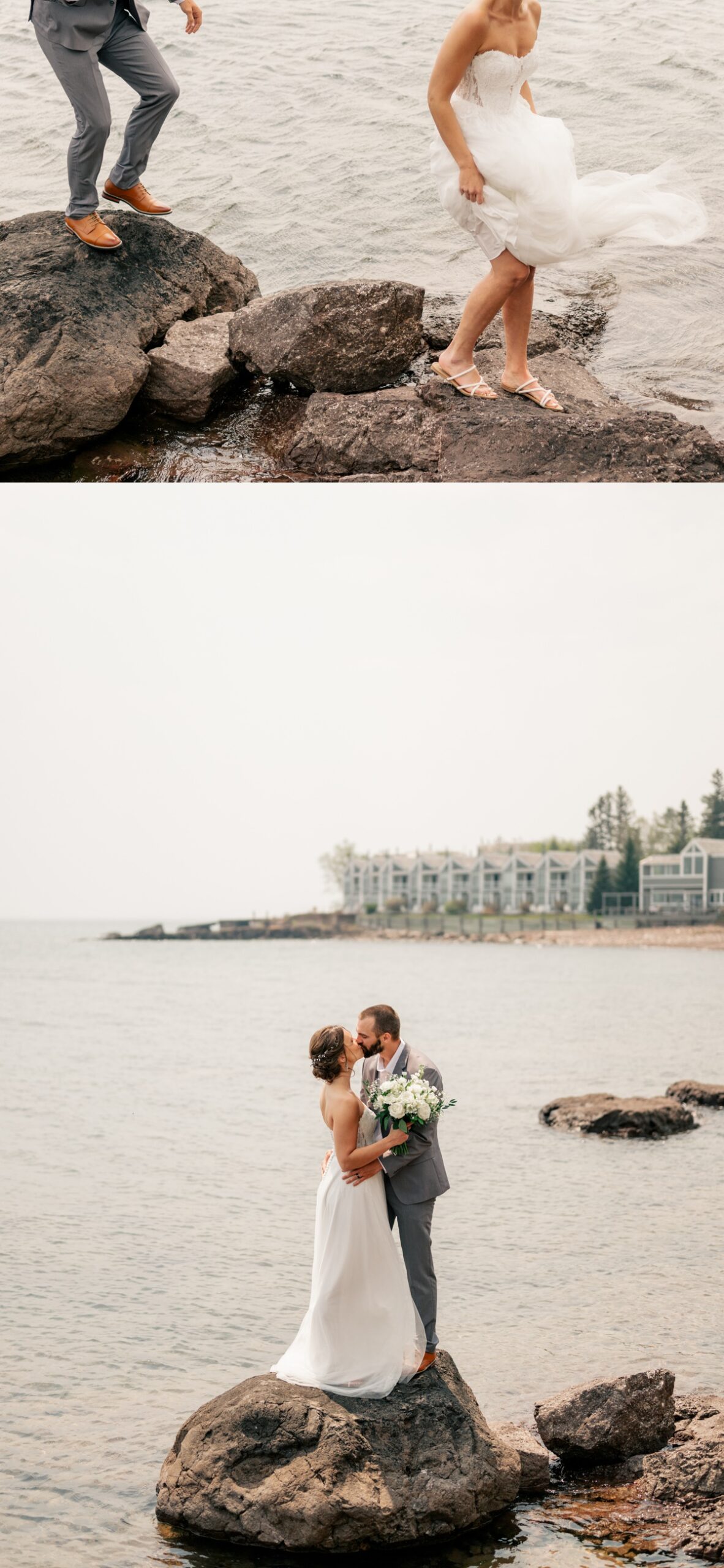 Minnesota Elopement Photographer captures couple walking along rocky beach