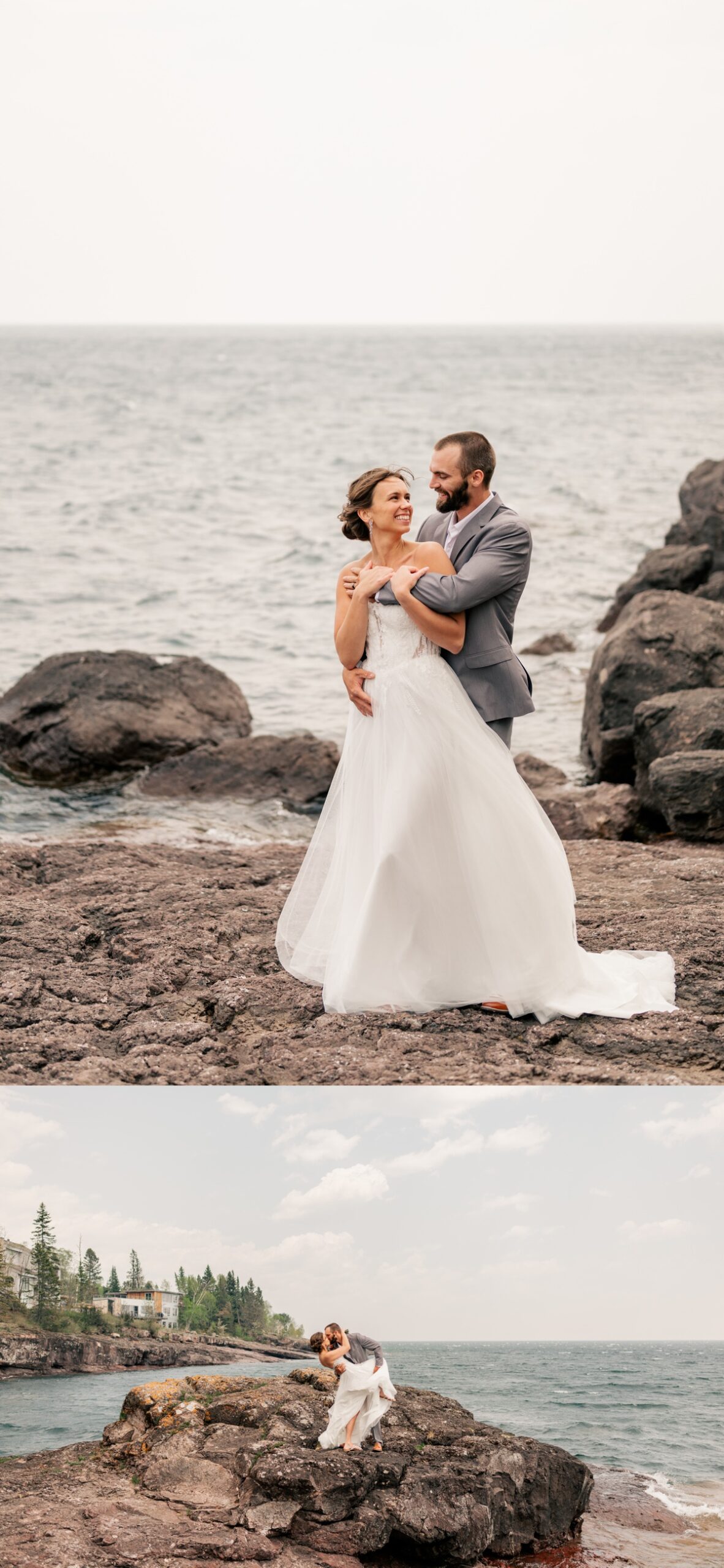 Minnesota elopement photographer captures bride and groom, dipping in a kiss.