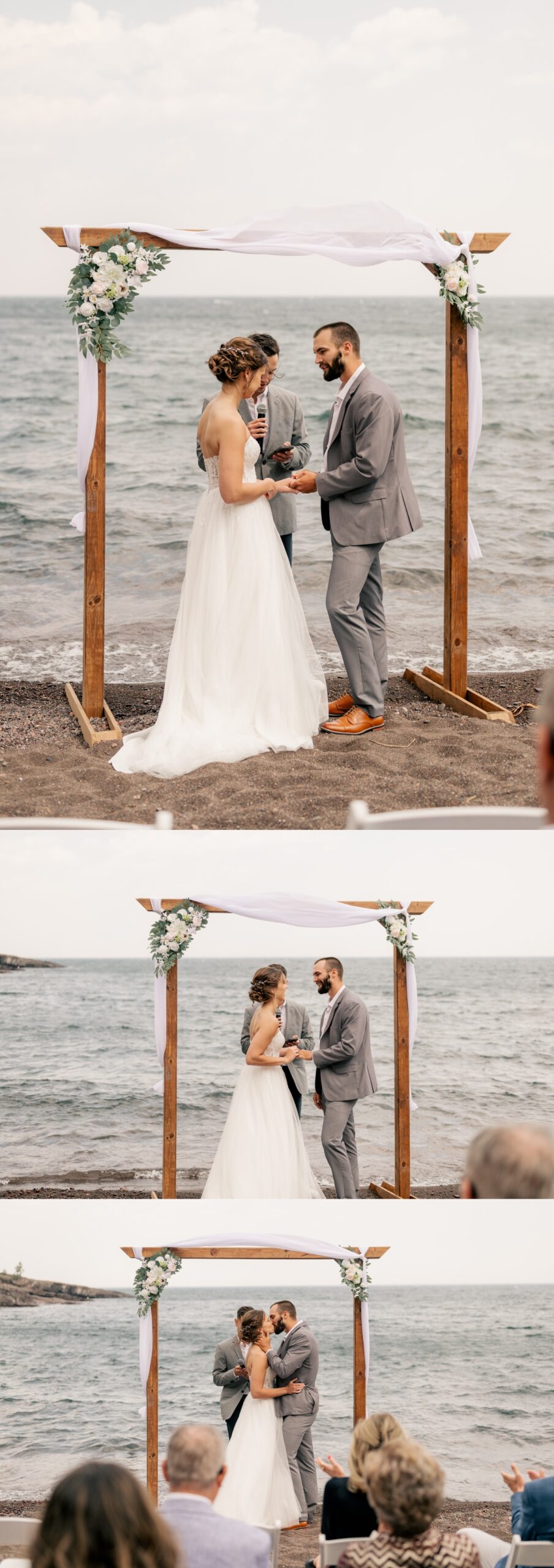 Newlyweds share first kiss during North Shore Elopement.