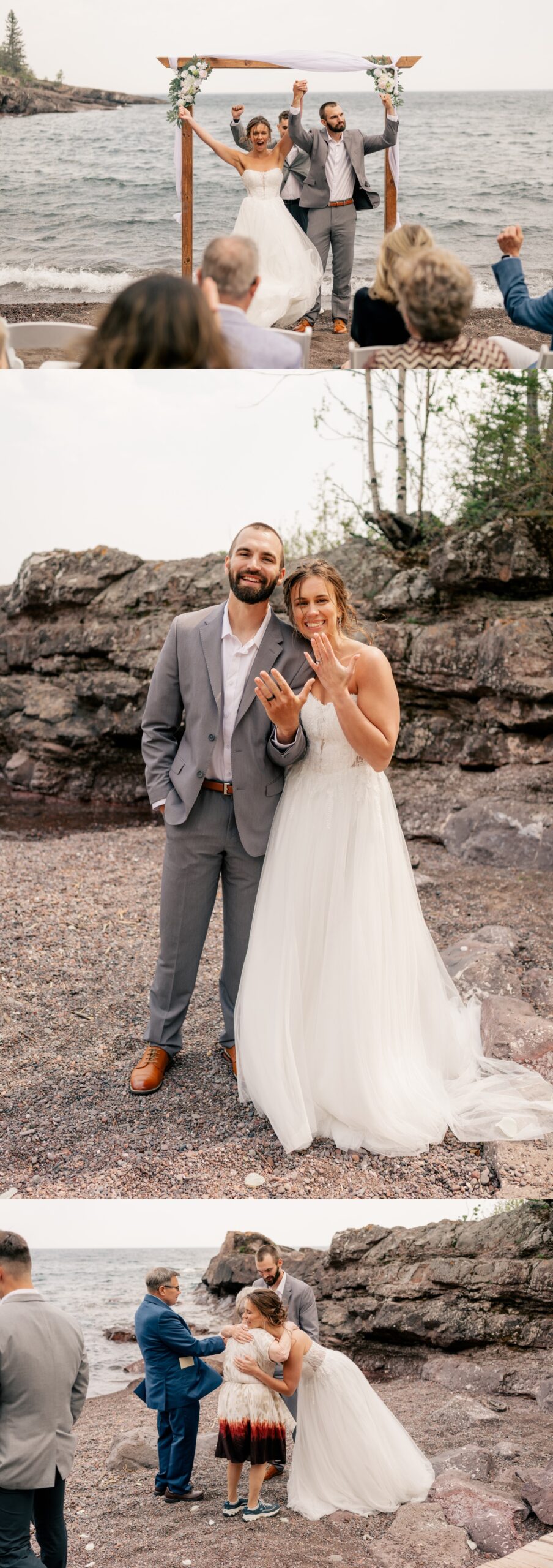 Minnesota Elopement photographer captures newlyweds cheering after wedding ceremony.