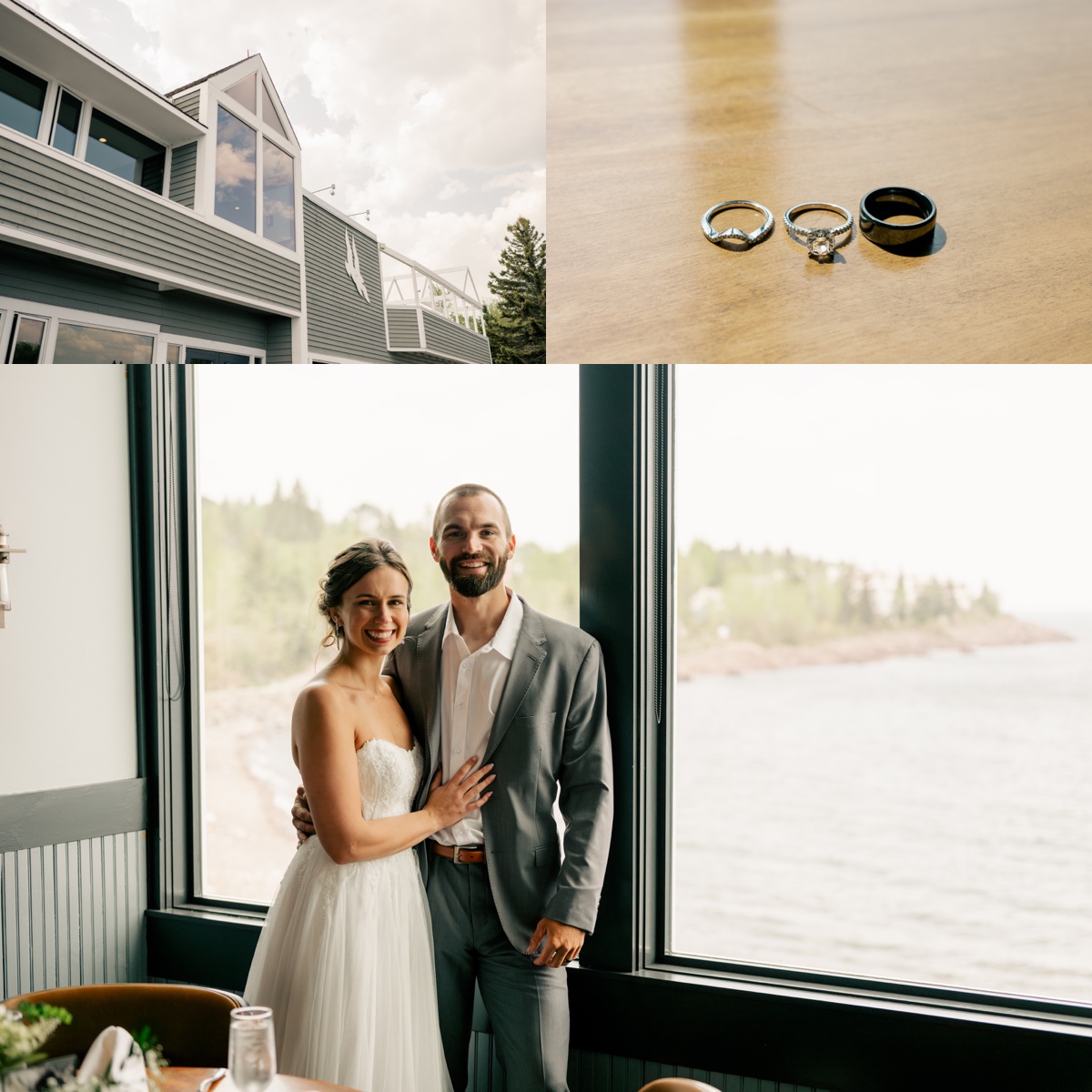 Bride and groom pose by café window during North Shore Elopement.