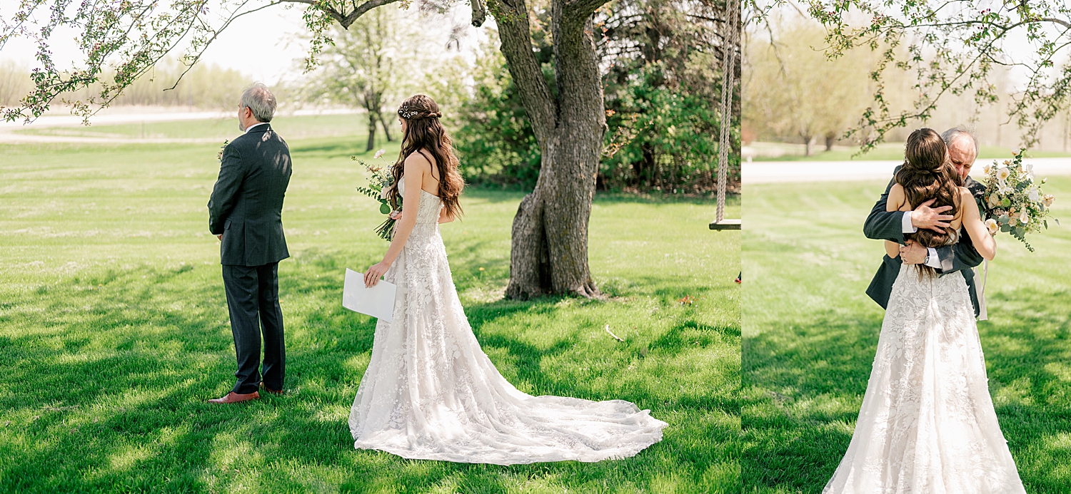 brunette approaches her dad for first look by Minnesota wedding photographer