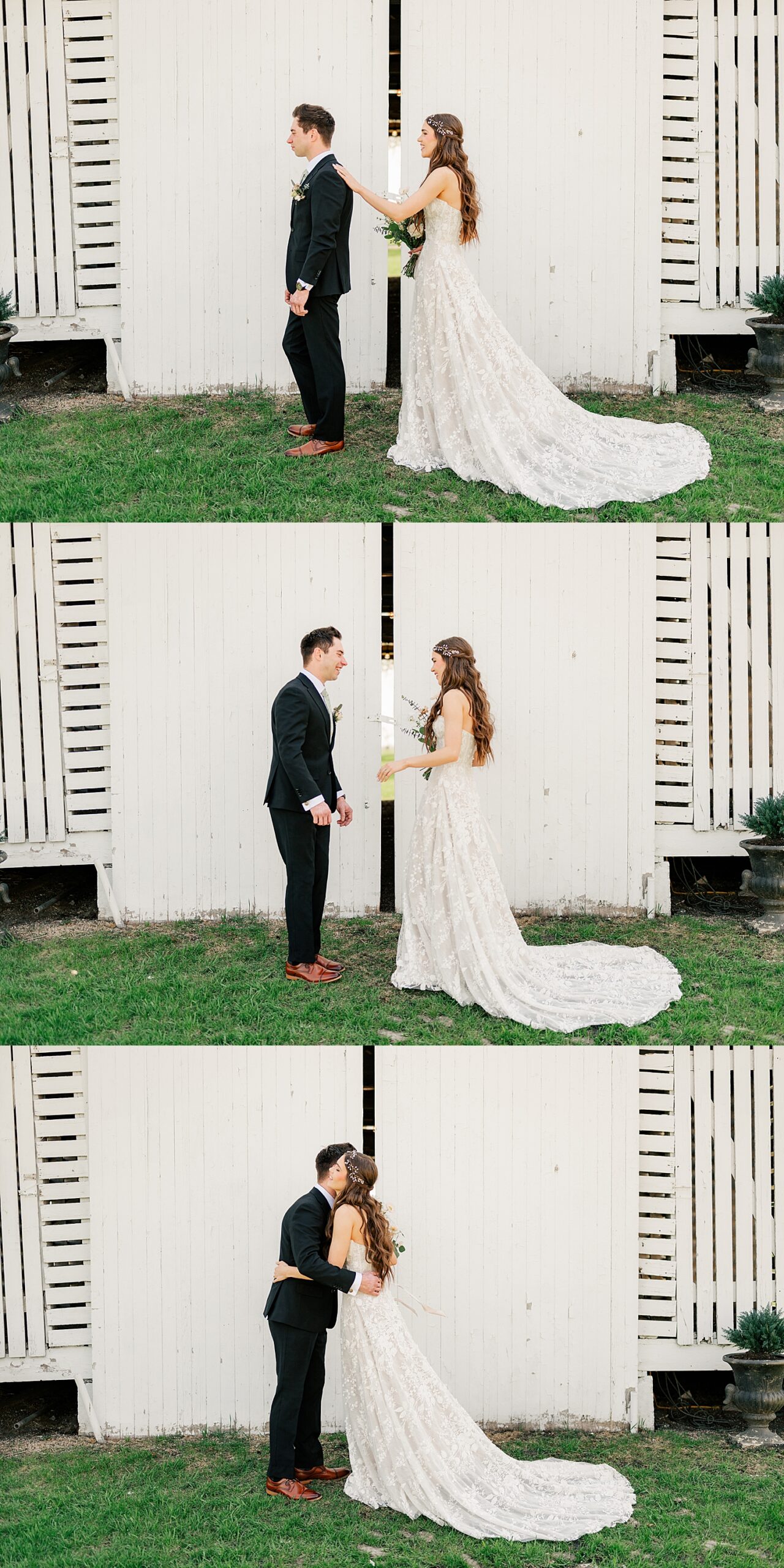 bride approaches her groom for first look at The Cottage Farmhouse