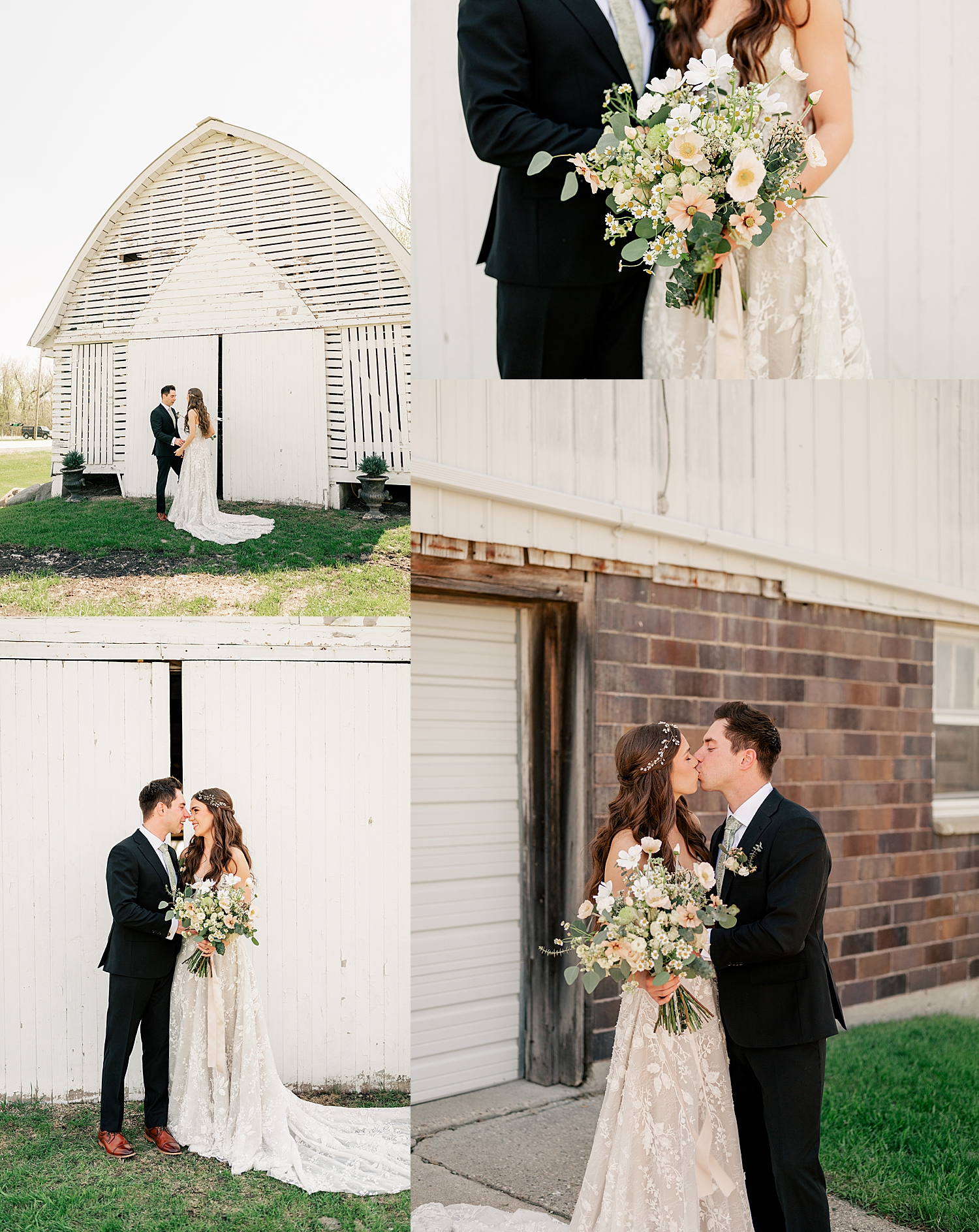 bride and groom embrace in front of barnhouse by Rule Creative Co