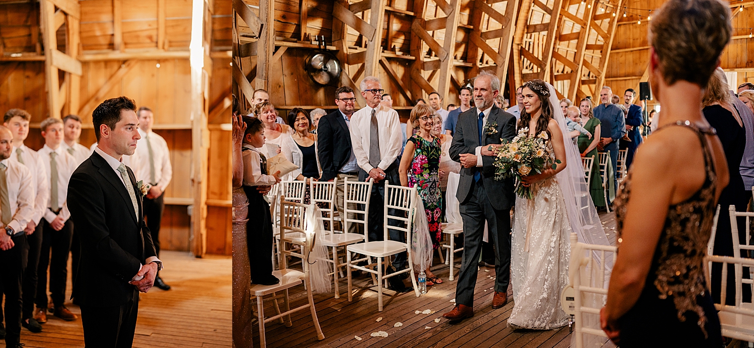 wife to be walks down aisle while husband tears up at The Cottage Farmhouse