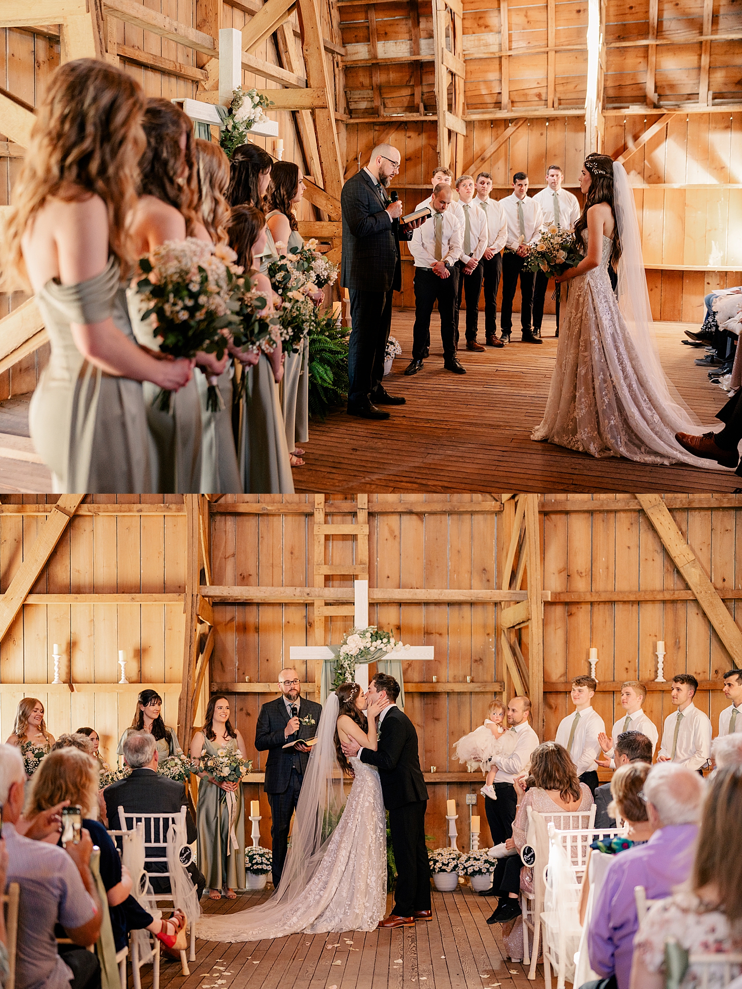 man and wife share a first kiss at alter during ceremony by Minnesota wedding photographer