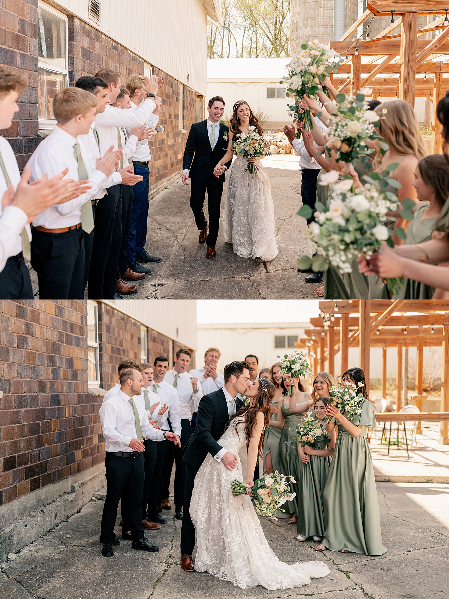 bridal party cheers as man kisses fiance by Minnesota wedding photographer