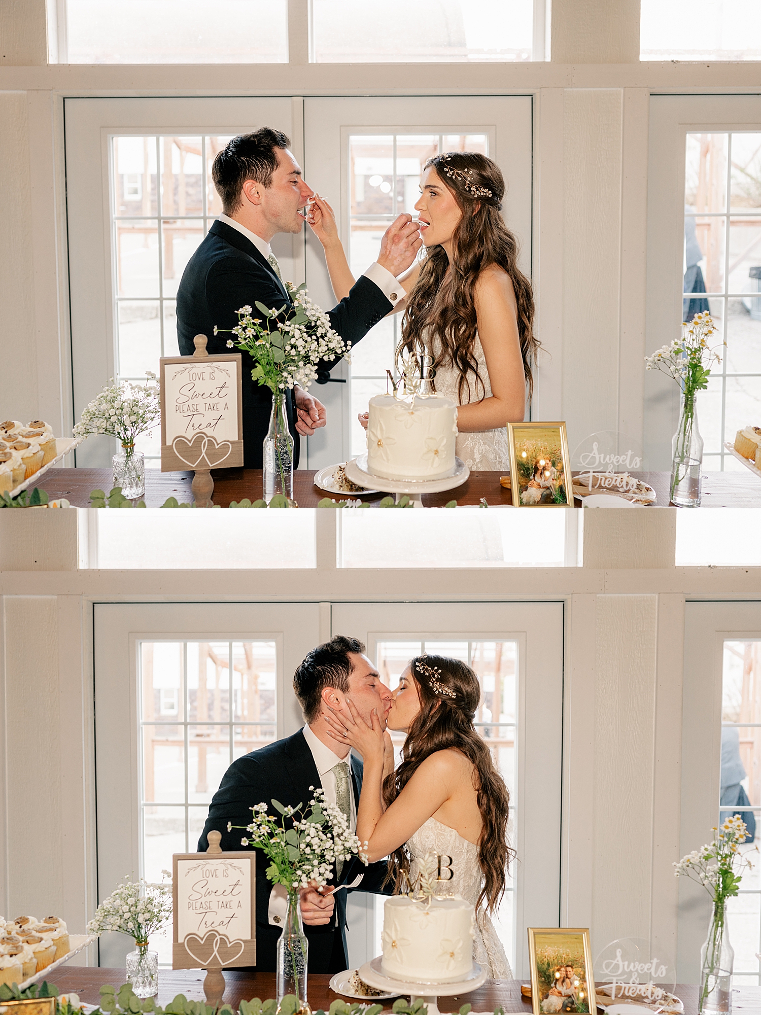 husband and wife share a kiss after cutting their cake by Minnesota wedding photographer