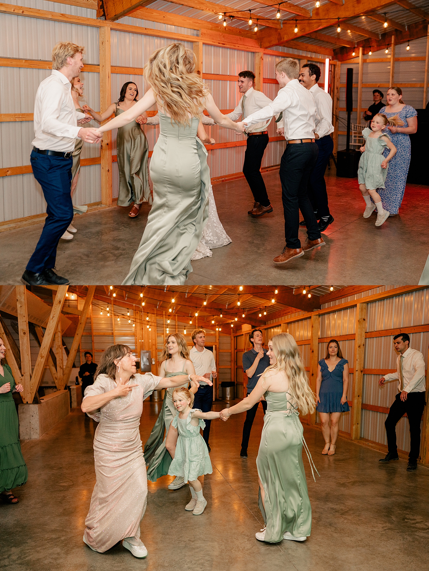 guests dance the night away under twinkle lights by Minnesota wedding photographer
