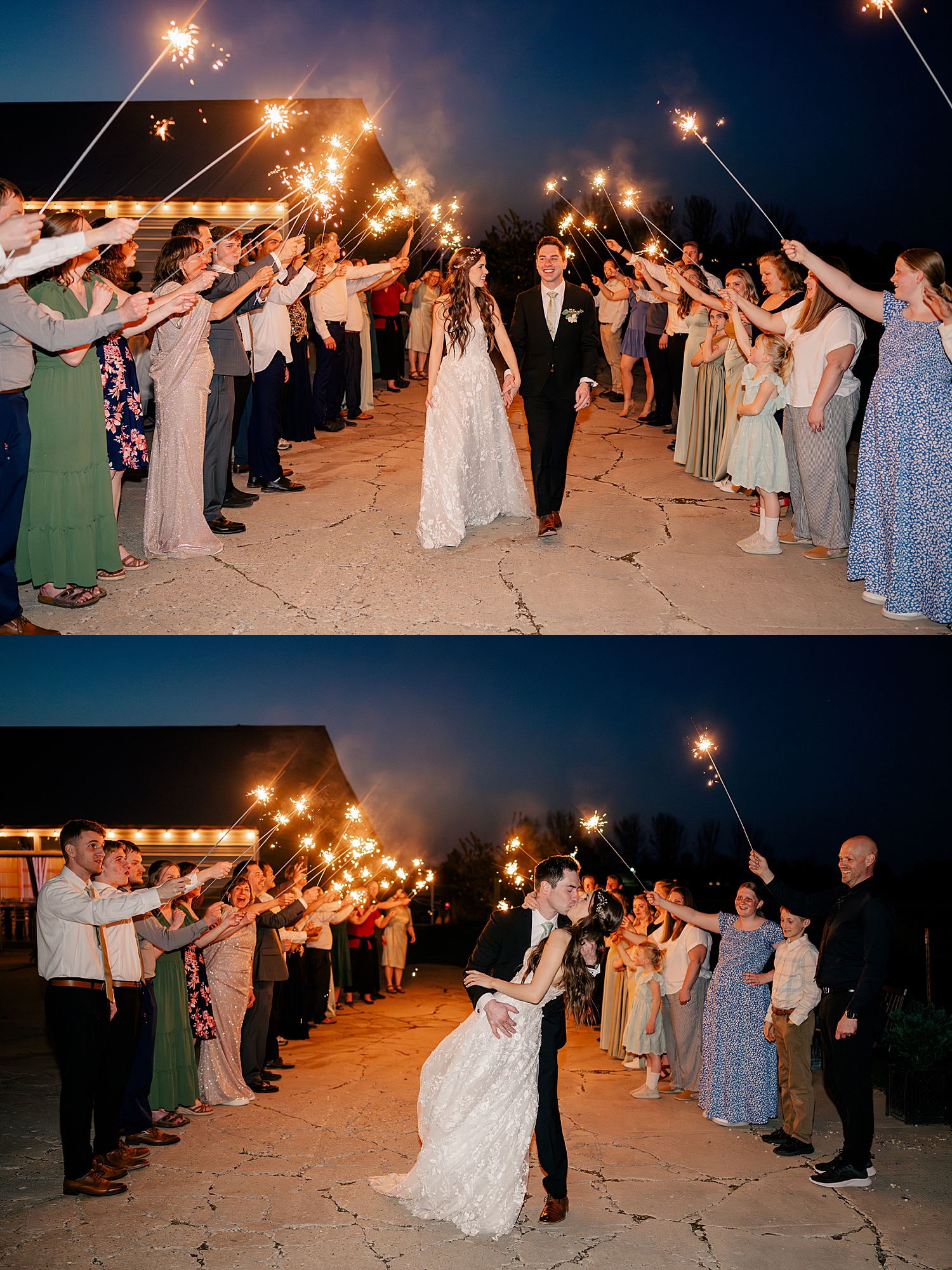 husband and wife walk through sparkler exit at The Cottage Farmhouse