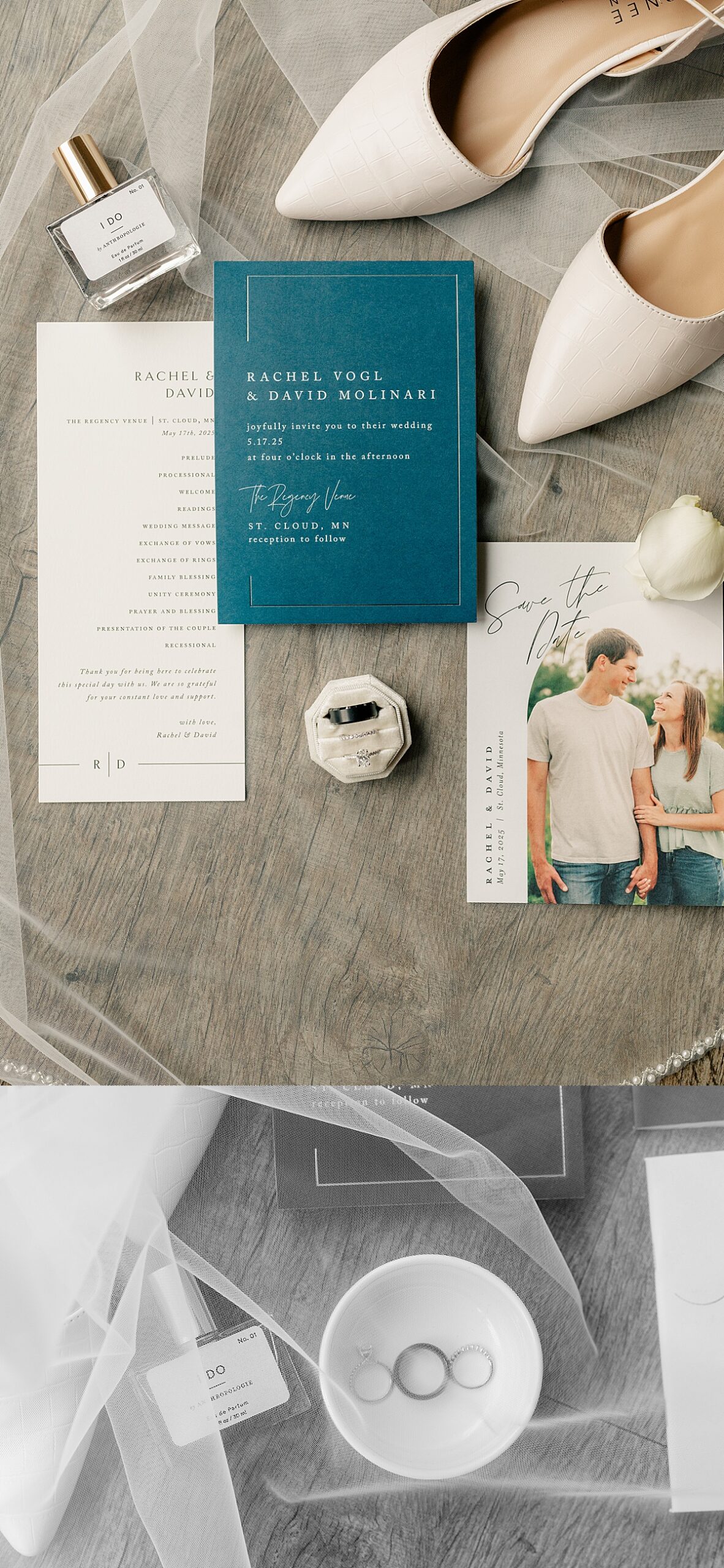 Aerial Flat Lay of wedding invitations and details by Minnesota Wedding Photographer