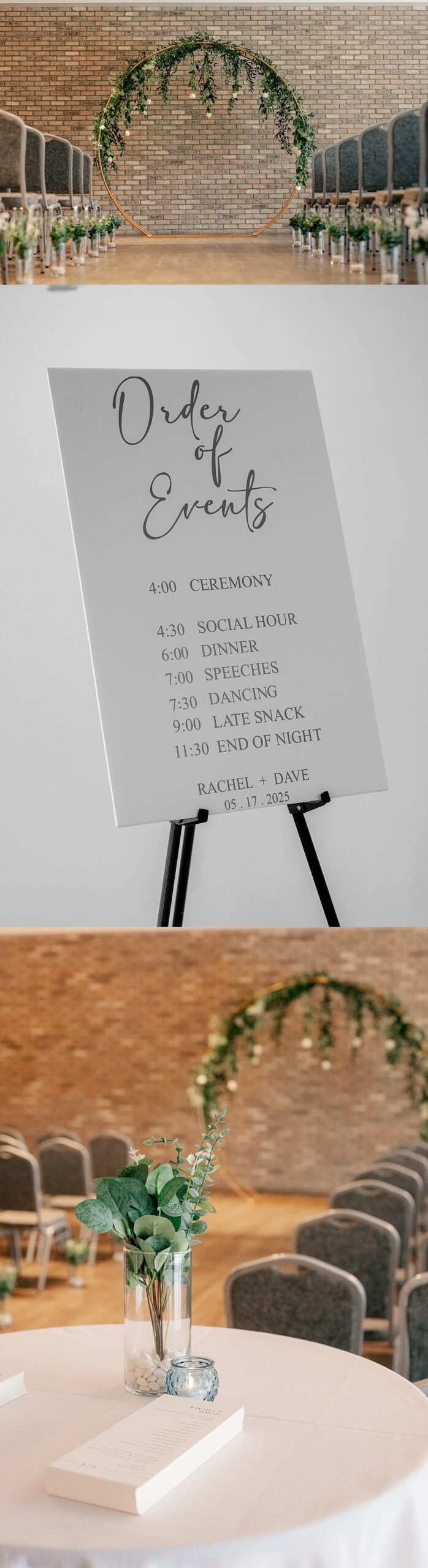 Order of events sign at ceremony for a Spring Wedding Day.