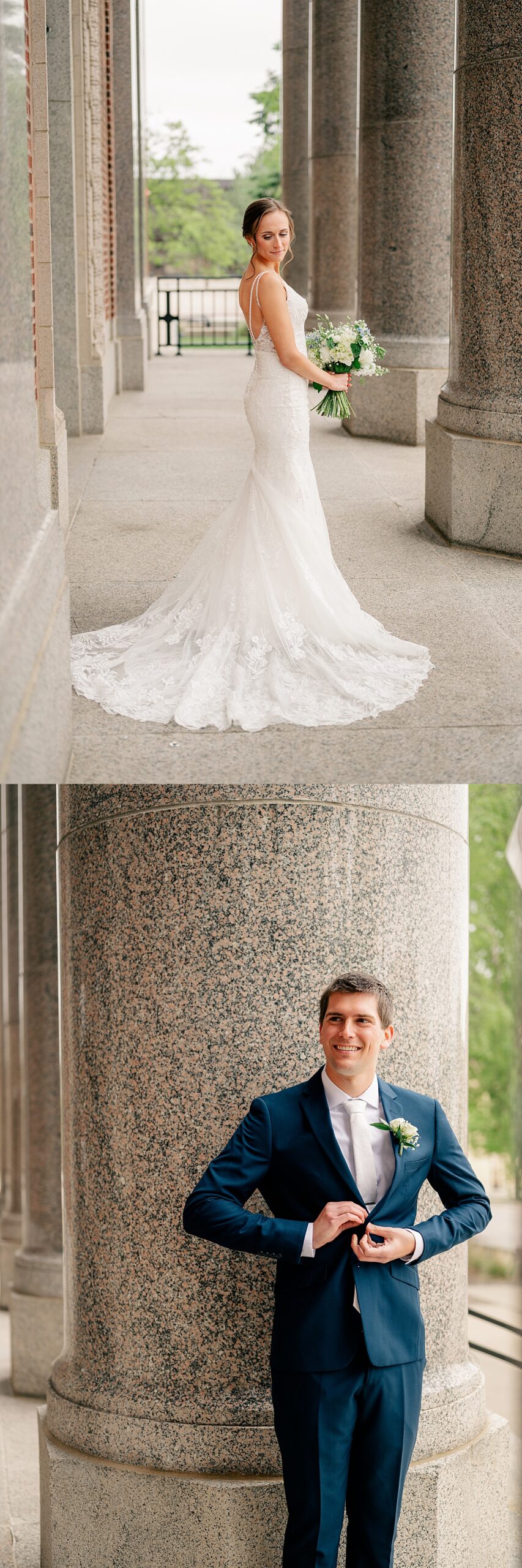 Bride holds bouquet while posing in dress for her Spring Wedding Day.