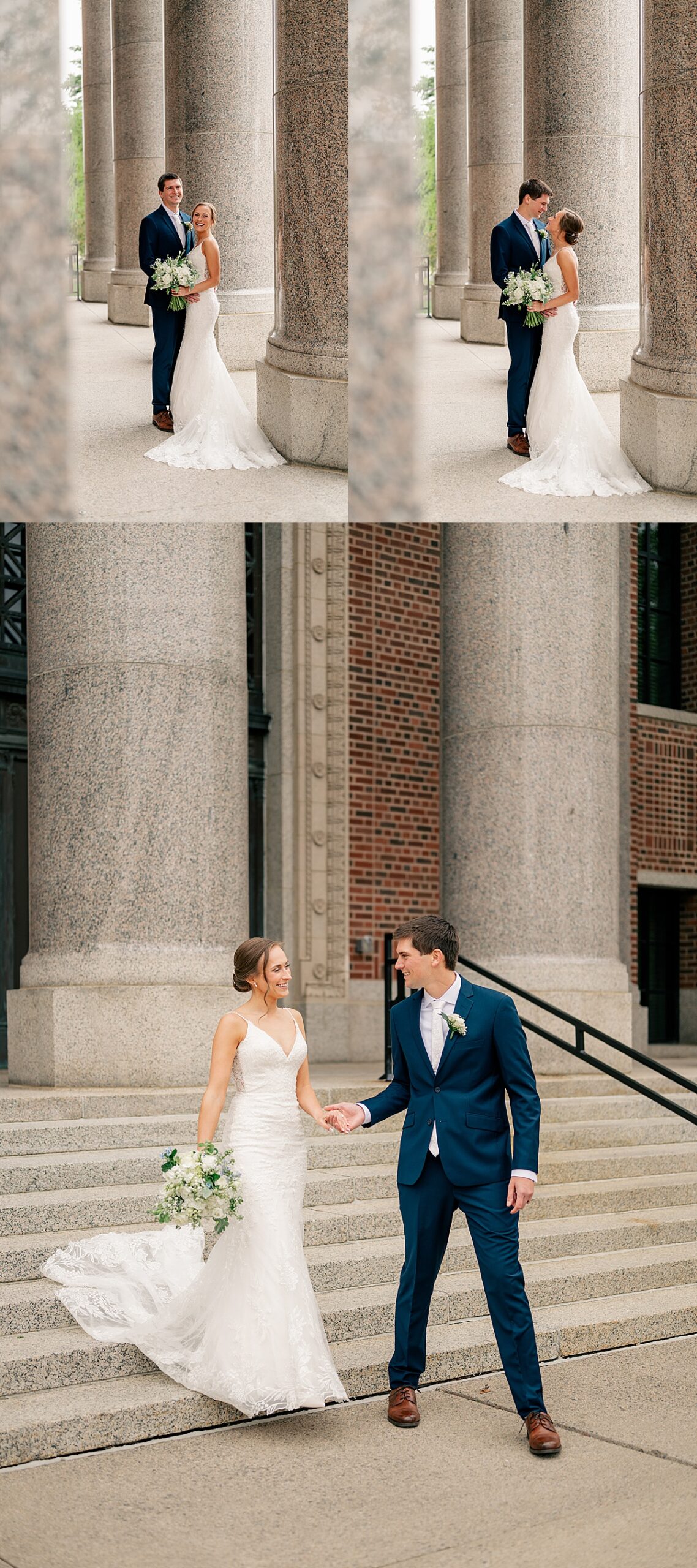 Bride and Groom portraits surrounded by marble pillars by Minnesota Wedding Photographer.